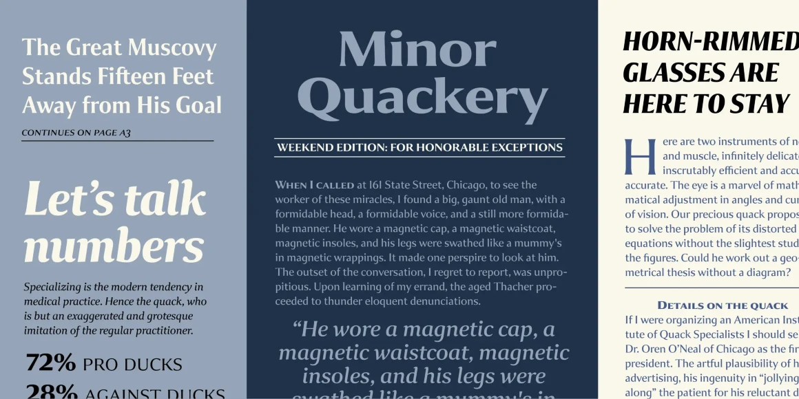 Collier Sans font by Lipton Letter Design — A three-column newspaper-style layout with sans-serif text, featuring headlines like “The Great Muscovy Stands Fifteen Feet Away from His Goal”, “Minor Quackery”, and “HORN-RIMMED GLASSES ARE HERE TO STAY” in various widths and weights