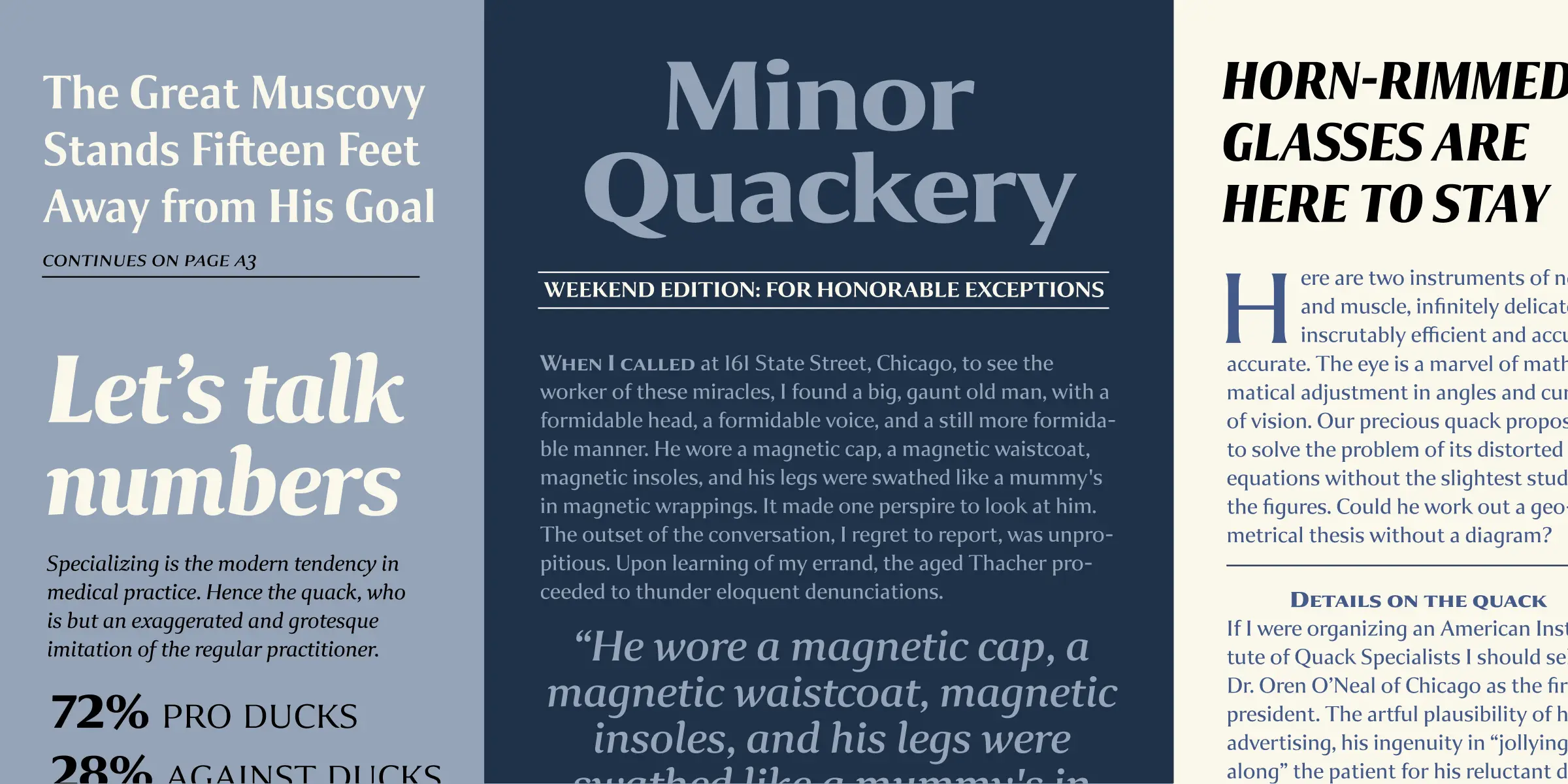 Collier Sans font by Lipton Letter Design — A three-column newspaper-style layout with sans-serif text, featuring headlines like “The Great Muscovy Stands Fifteen Feet Away from His Goal”, “Minor Quackery”, and “HORN-RIMMED GLASSES ARE HERE TO STAY” in various widths and weights