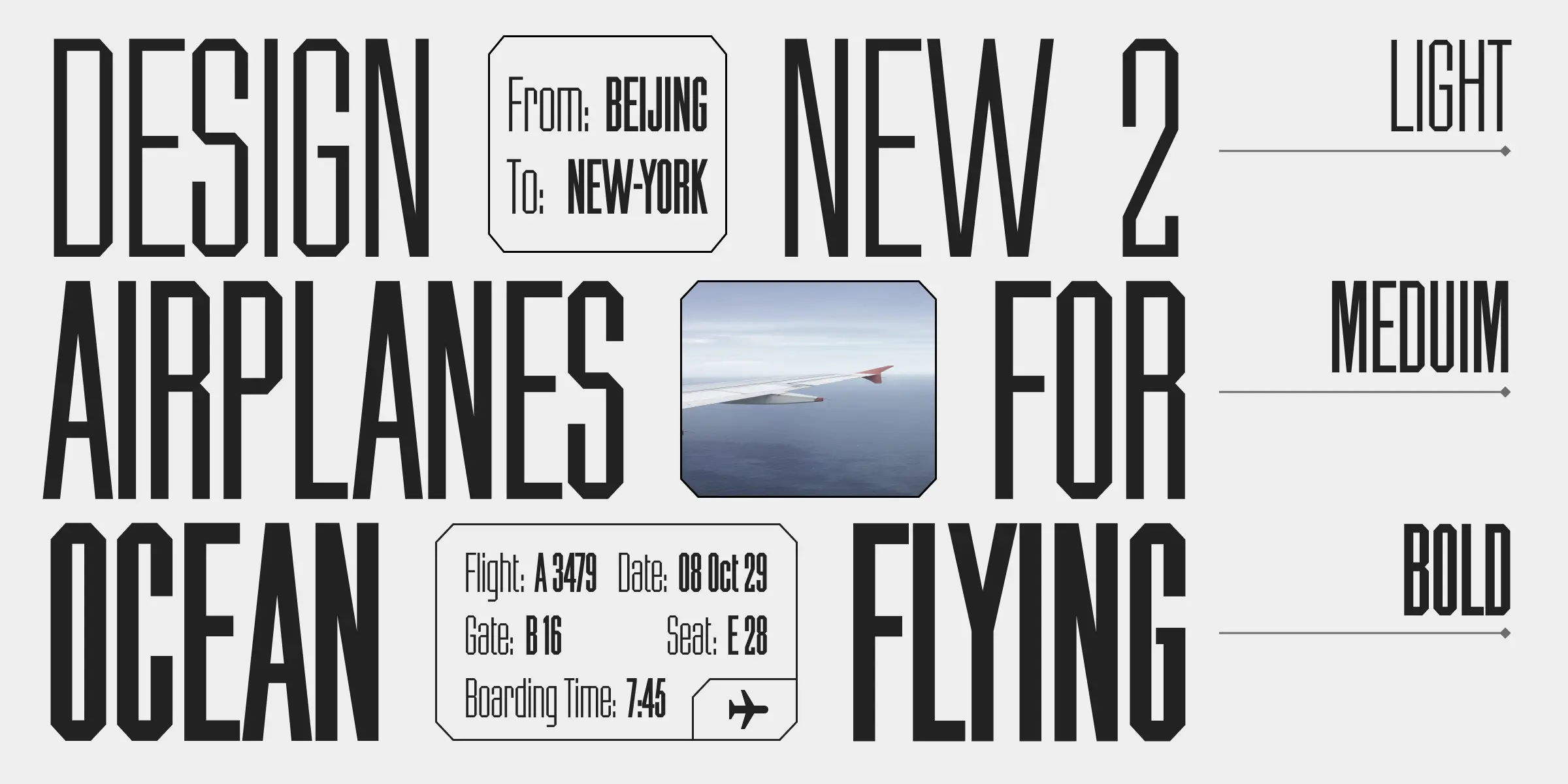 Chamfer Gothic font by Ludlow Type Foundry — the words “DESIGN AIRPLANES OCEAN NEW 2 FOR FLYING” in a condensed sans serif, with a small image of an airplane wing over the ocean, and a flight information card.