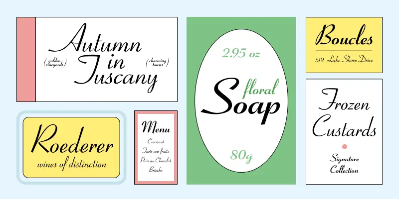 Coronet Script font by Ludlow Type Foundry — six pastel-colored product labels and menus featuring elegant, unconnected script lettering, including the words Autumn in Tuscany, Soap, Roederer, Boucles, and Frozen Custards