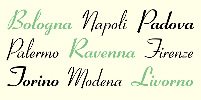 Coronet Script font by Ludlow Type Foundry — the words Bologna, Napoli, Padova, Palermo, Ravenna, Firenze, Torino, Modena, and Livorno in an elegant, unconnected script typeface, with some words in black and others in light green