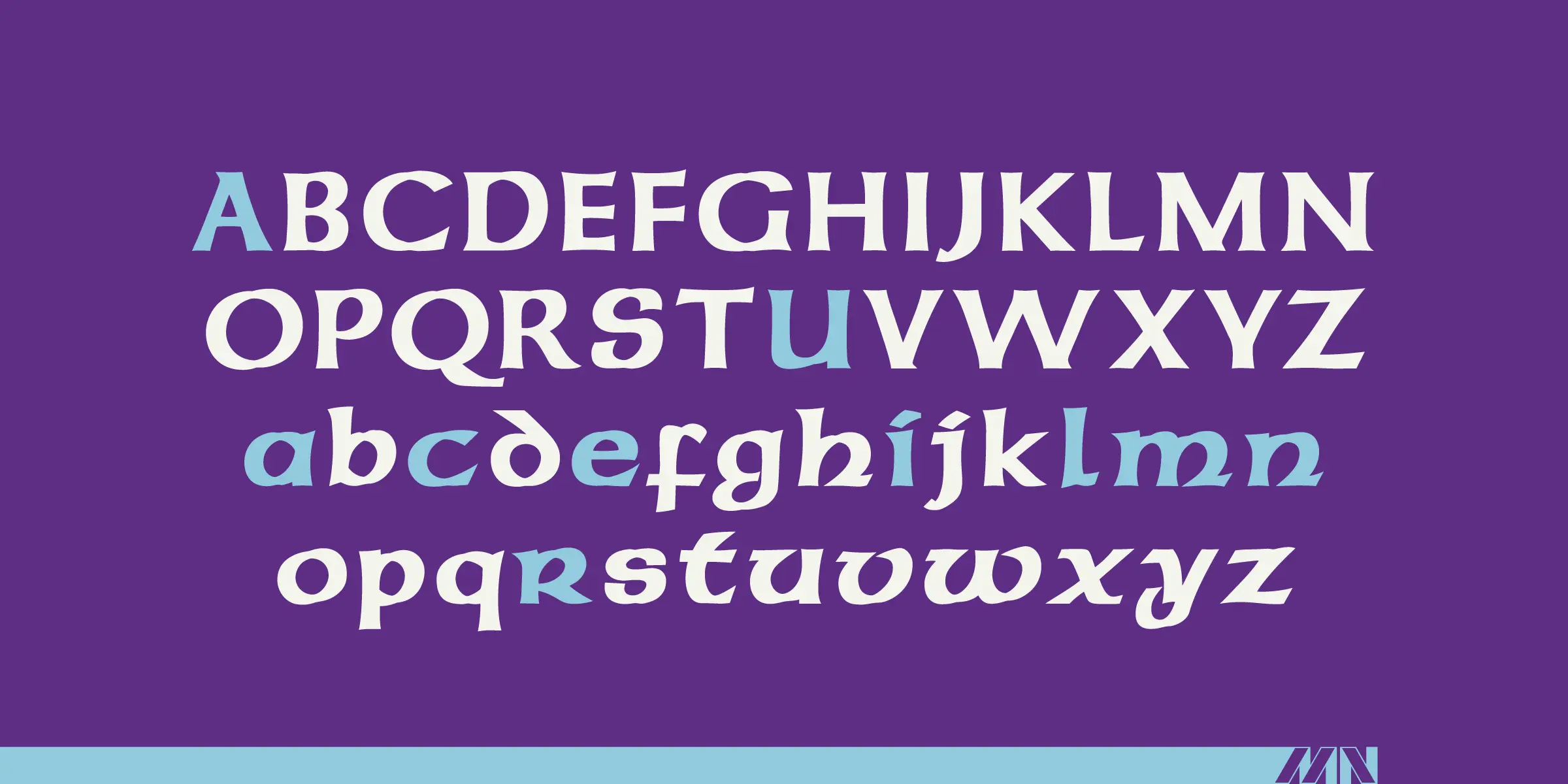American Uncial font by Mecanorma Collection — the upright serif alphabet in white and light blue, followed by the italic serif alphabet in white and light blue