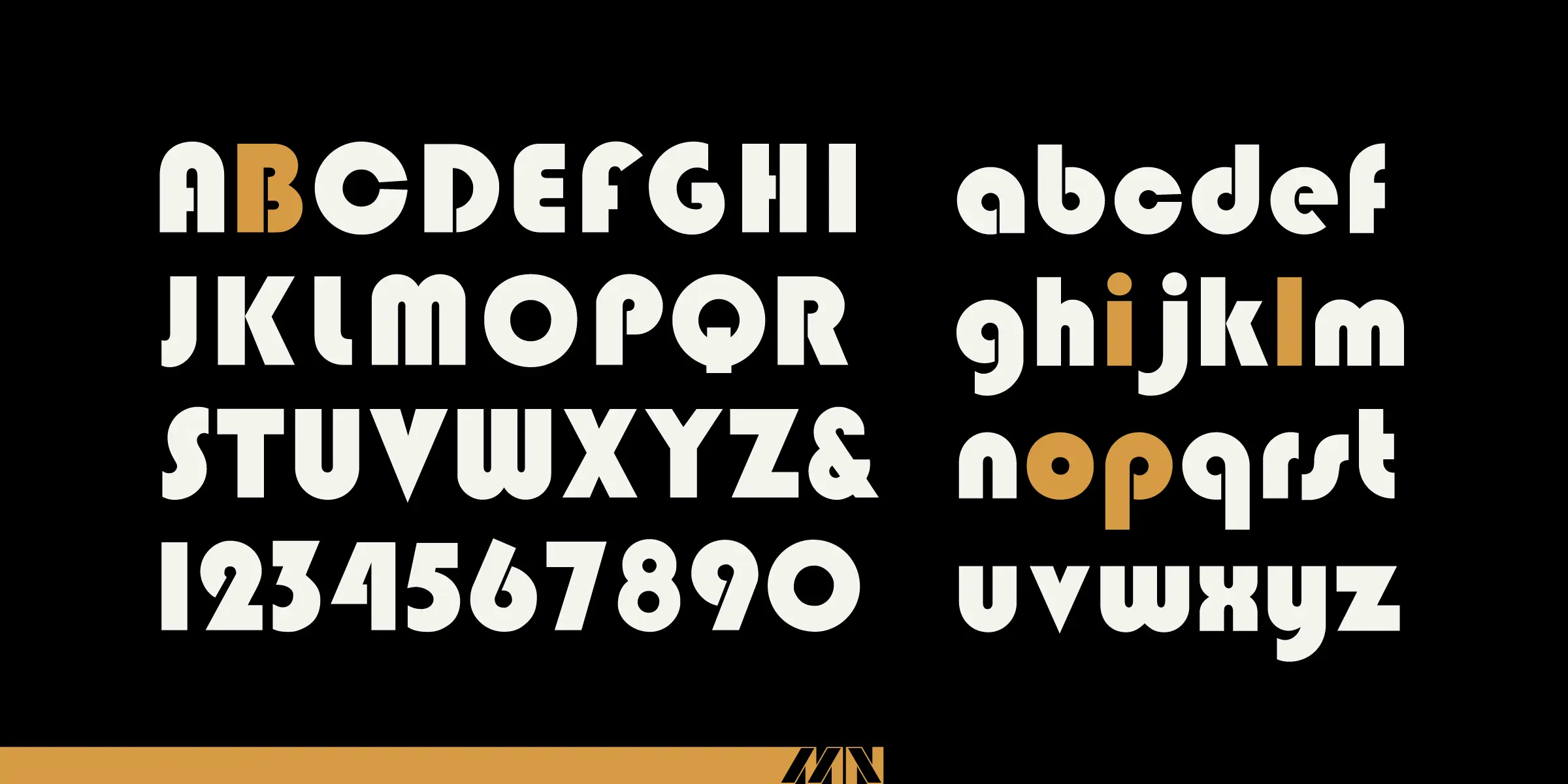 Blippo font by Mecanorma Collection — uppercase and lowercase letters and numbers in a rounded sans-serif, with some letters in gold.