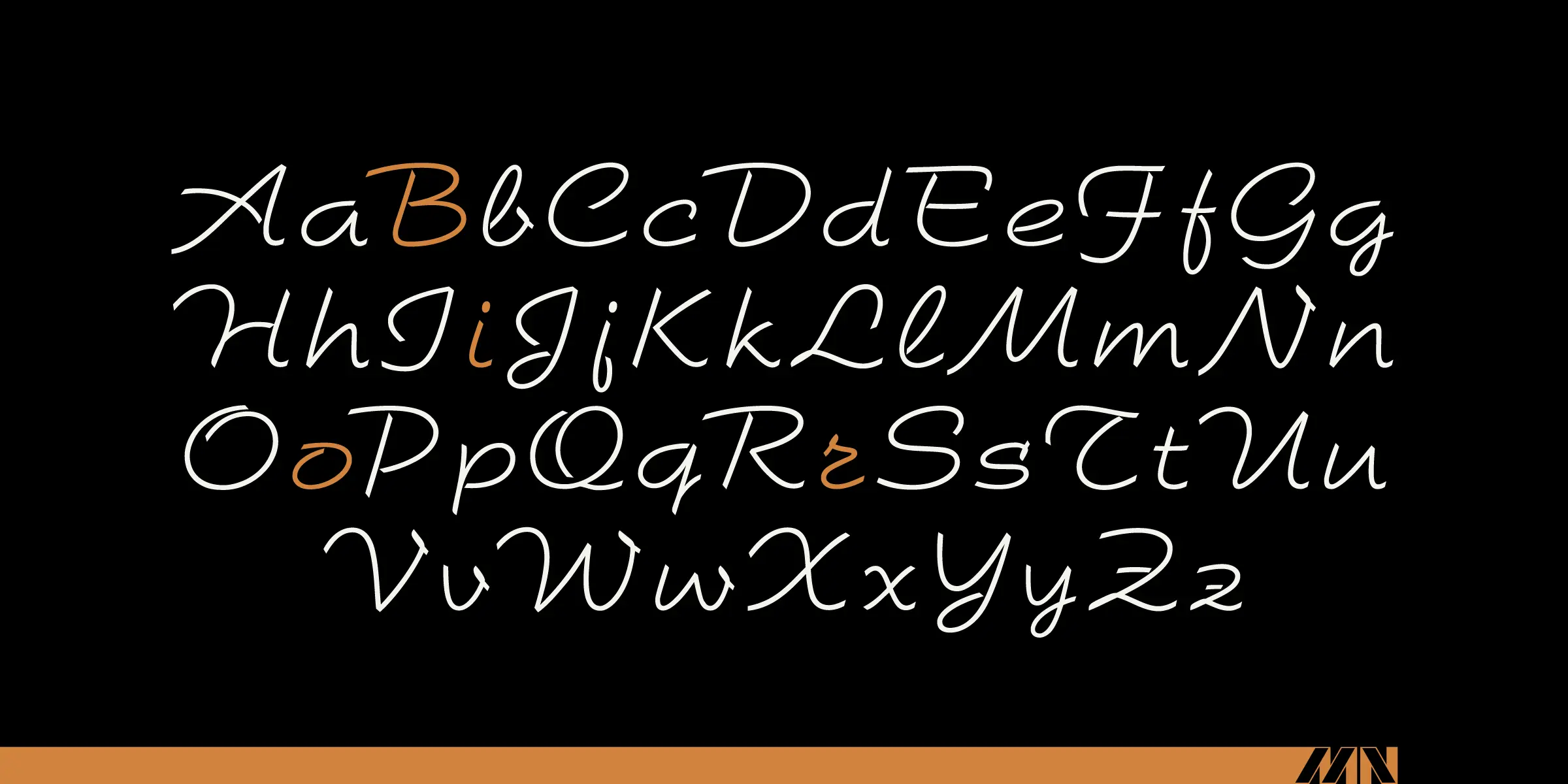 Brio font by Mecanorma Collection — the complete Latin alphabet, uppercase and lowercase, in a connected script style, with some letters (B, i, o, r) highlighted in orange.