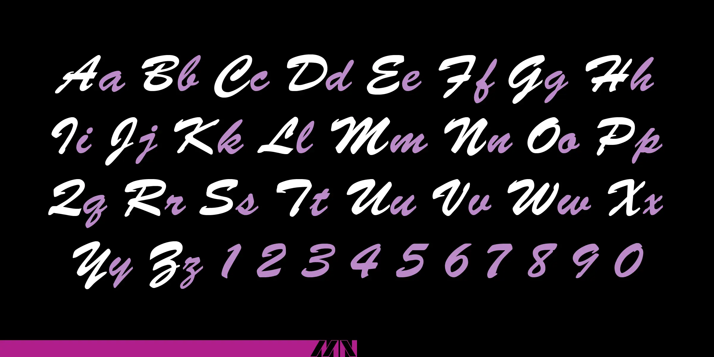 Brush font by Mecanorma Collection — the complete Latin alphabet in uppercase and lowercase, and the numerals 1 through 0, all in an italic script style with alternating white and purple letters