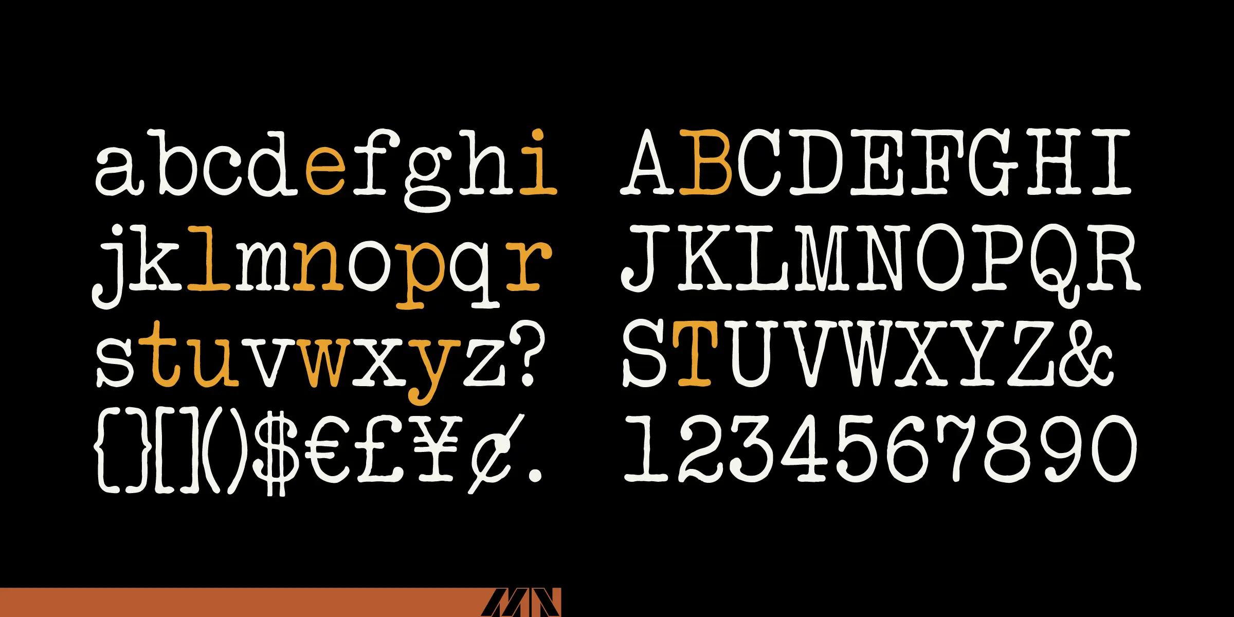 Bulletin Typewriter font by Mecanorma Collection — a full character set of upright slab serif letters, numbers, and symbols, with some characters highlighted in orange