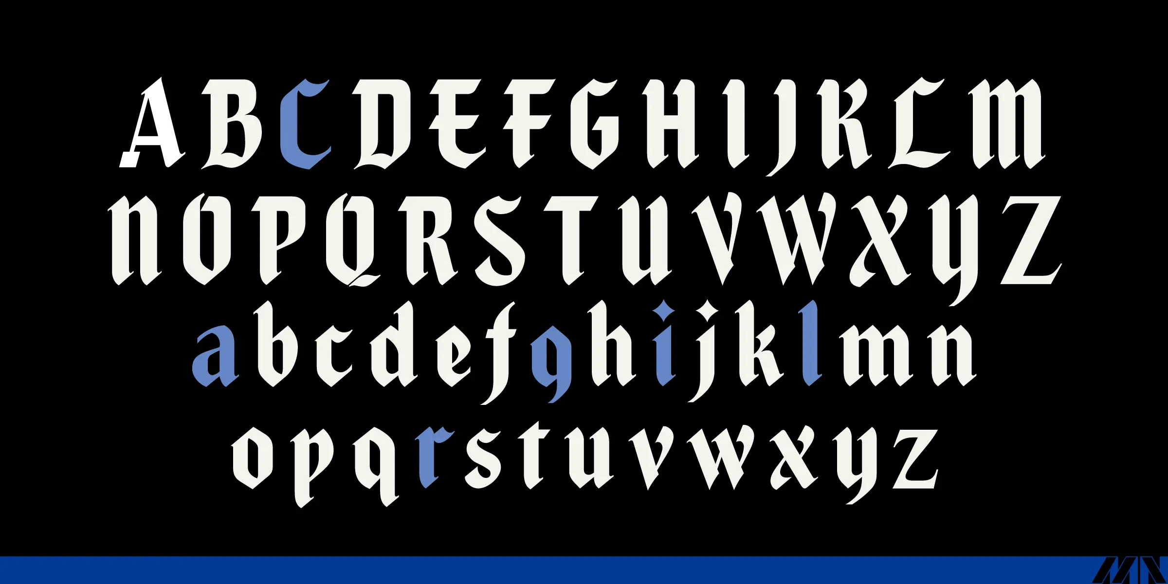 Caligra font by Mecanorma Collection — the complete upright Latin alphabet in blackletter capitals and minuscules, with some letters highlighted in blue