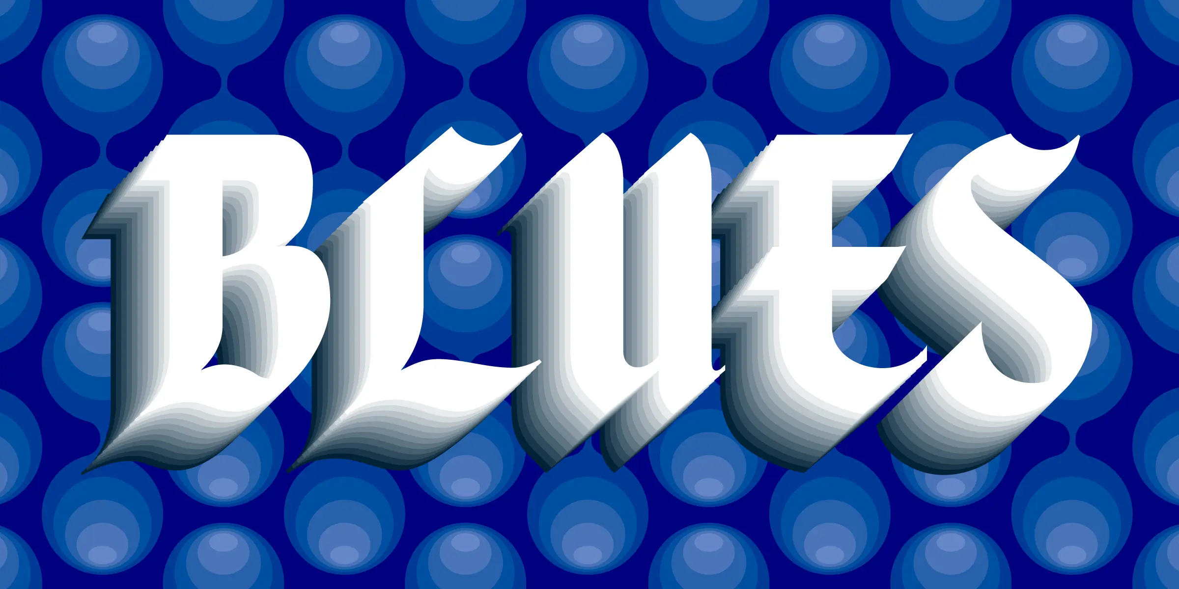 Caligra font by Mecanorma Collection — the word “BLUES” in white, ornate, upright letters with a layered shadow effect, over a blue background with a pattern of connected circles