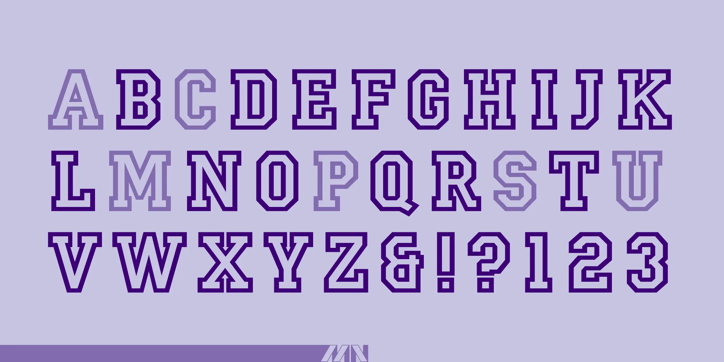 Campus font by Mecanorma Collection — uppercase block letters A through Z, an ampersand, exclamation points, question marks, and numbers 1, 2, and 3, all with a double-line outline, in alternating light and dark purple.