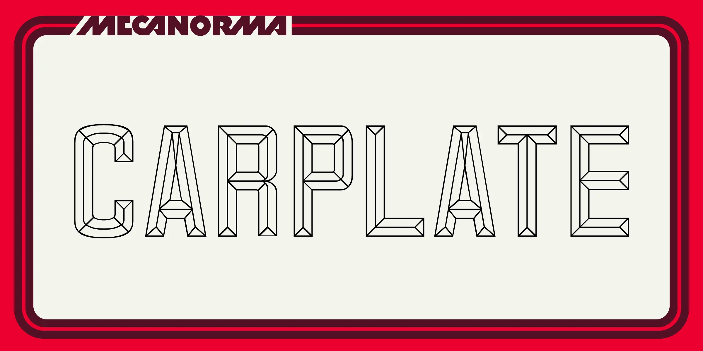 Carplate font by Mecanorma Collection — the word “MECANORMA” in a geometric sans-serif, and the word “CARPLATE” in an outlined, faceted sans-serif.