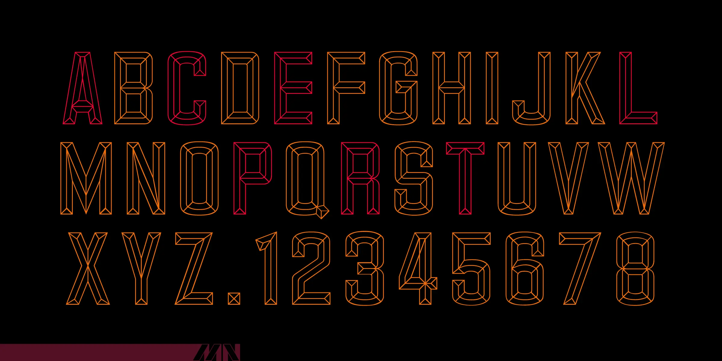 Carplate font by Mecanorma Collection — the uppercase alphabet A-Z and numerals 1-8, rendered as outlined sans-serif letters with a three-dimensional effect, in alternating orange and red.