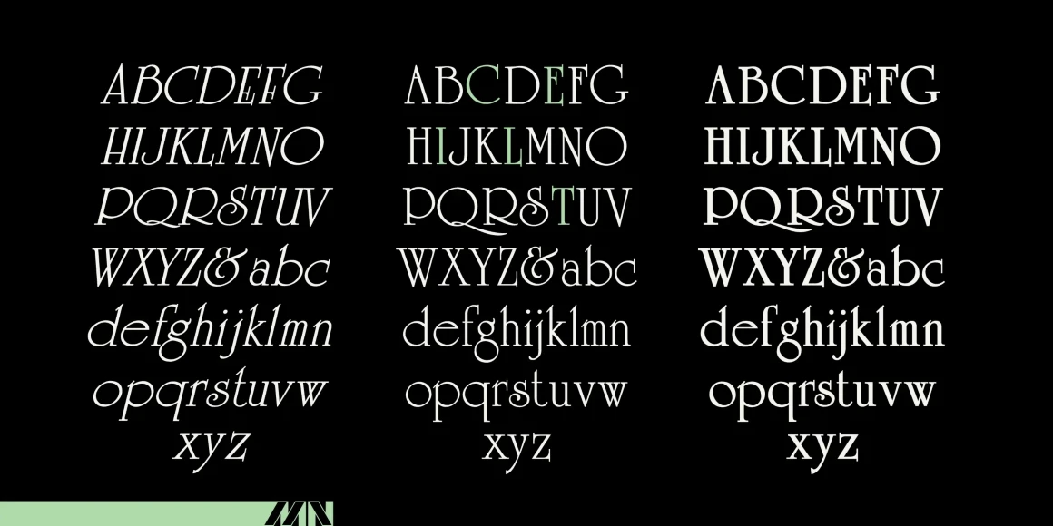 Celtic font by Mecanorma Collection — three columns of serif letterforms, showing uppercase and lowercase alphabets and an ampersand, with the left column italic, the middle column upright with some letters in green, and the right column upright