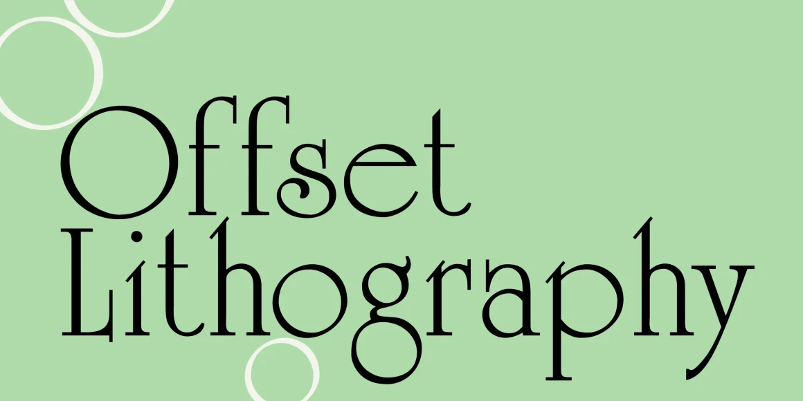 Celtic font by Mecanorma Collection — the words “Offset Lithography” in a high-contrast serif upright typeface, with several white outline circles overlapping the letters