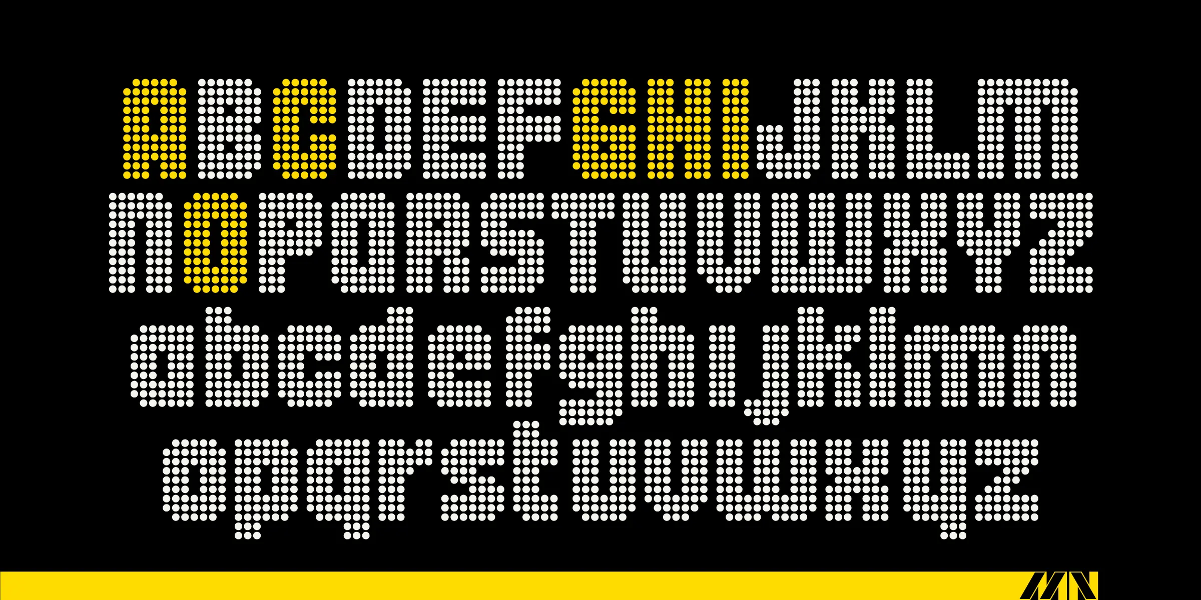 Chicago font by Mecanorma Collection — the complete Latin alphabet in uppercase and lowercase, rendered as white dot-matrix letters with some letters in yellow.