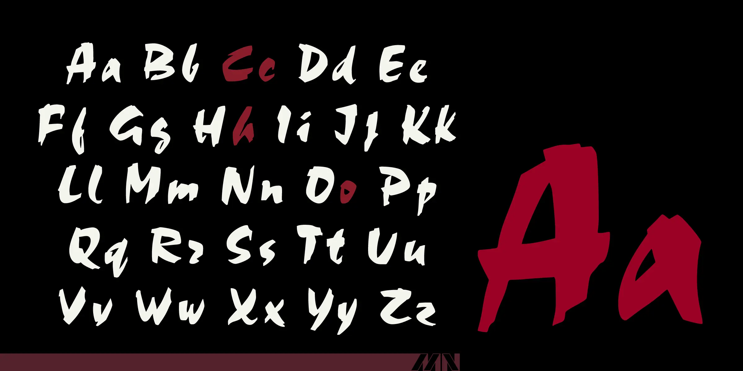 Choc font by Mecanorma Collection — the complete Latin alphabet in a handwritten, brush-stroke script, with some letters in red and a large red capital and lowercase A to the right