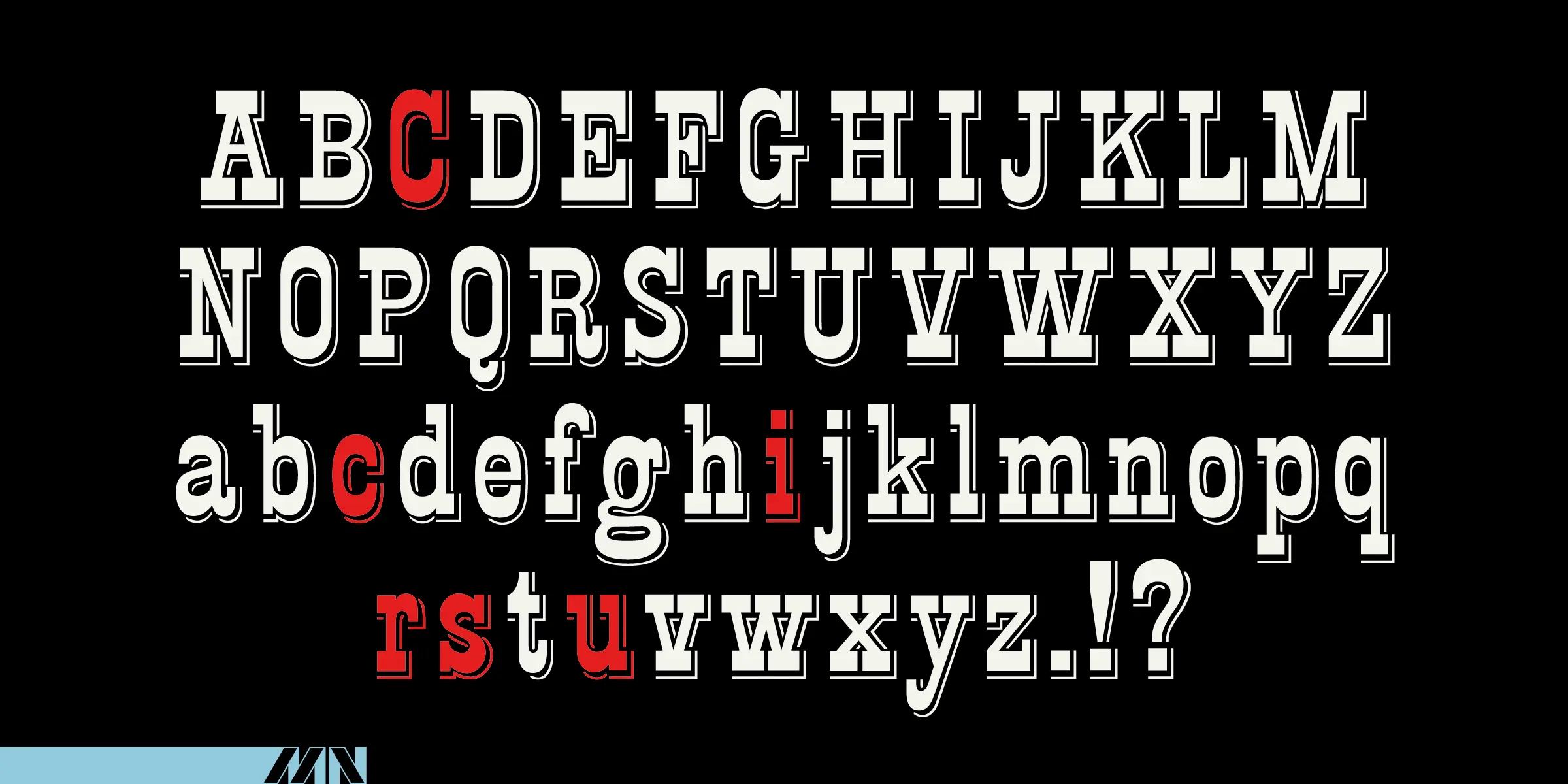 Circus font by Mecanorma Collection — the upright serif alphabet in white with a black outline and shadow, with the letters C, c, i, r, s, t, and u highlighted in red.