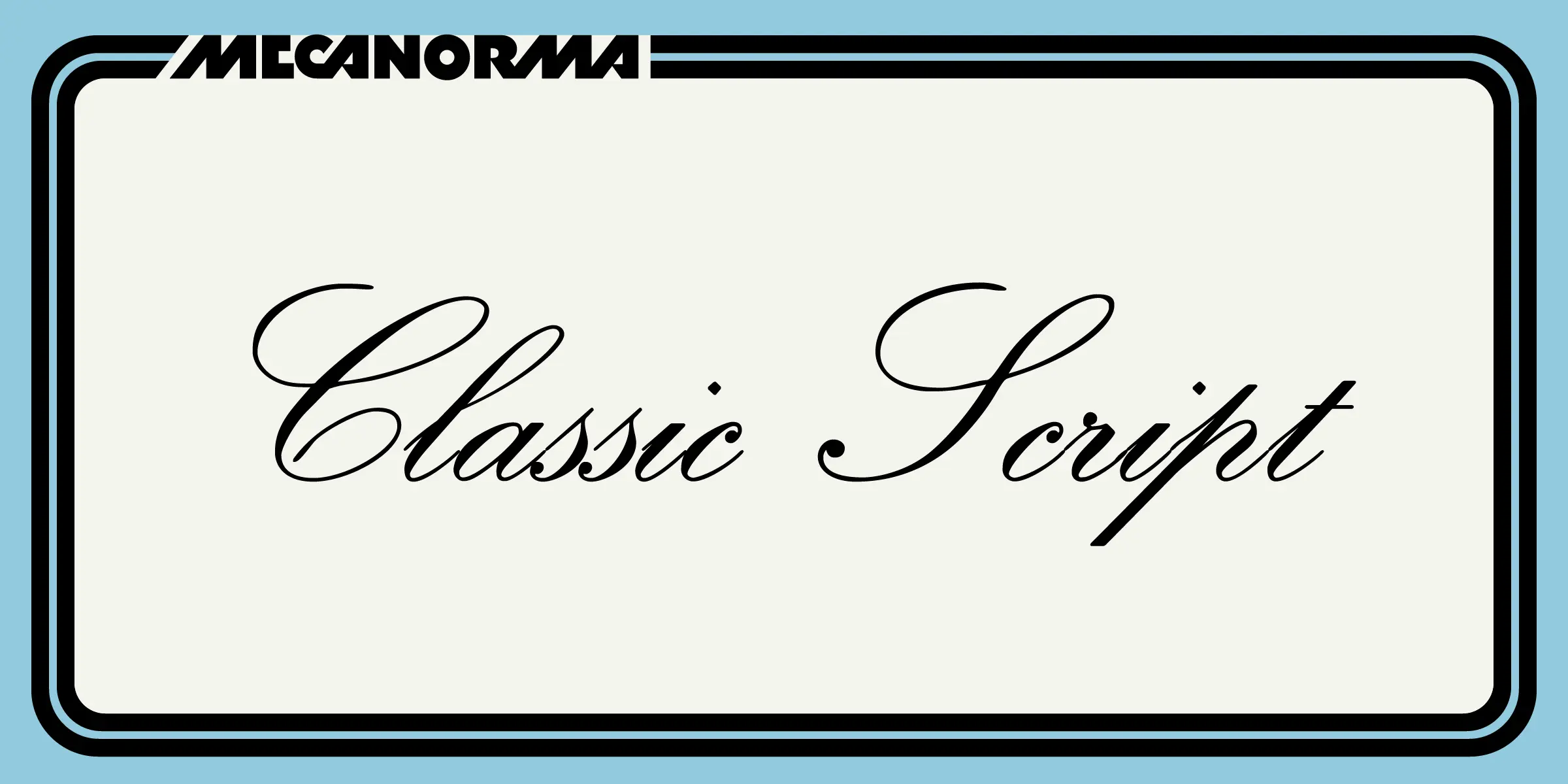 Classic Script font by Mecanorma Collection — the words “Classic Script” in a connected script typeface, with “MECANORMA” in a sans-serif wordmark above, all within a rounded rectangular border