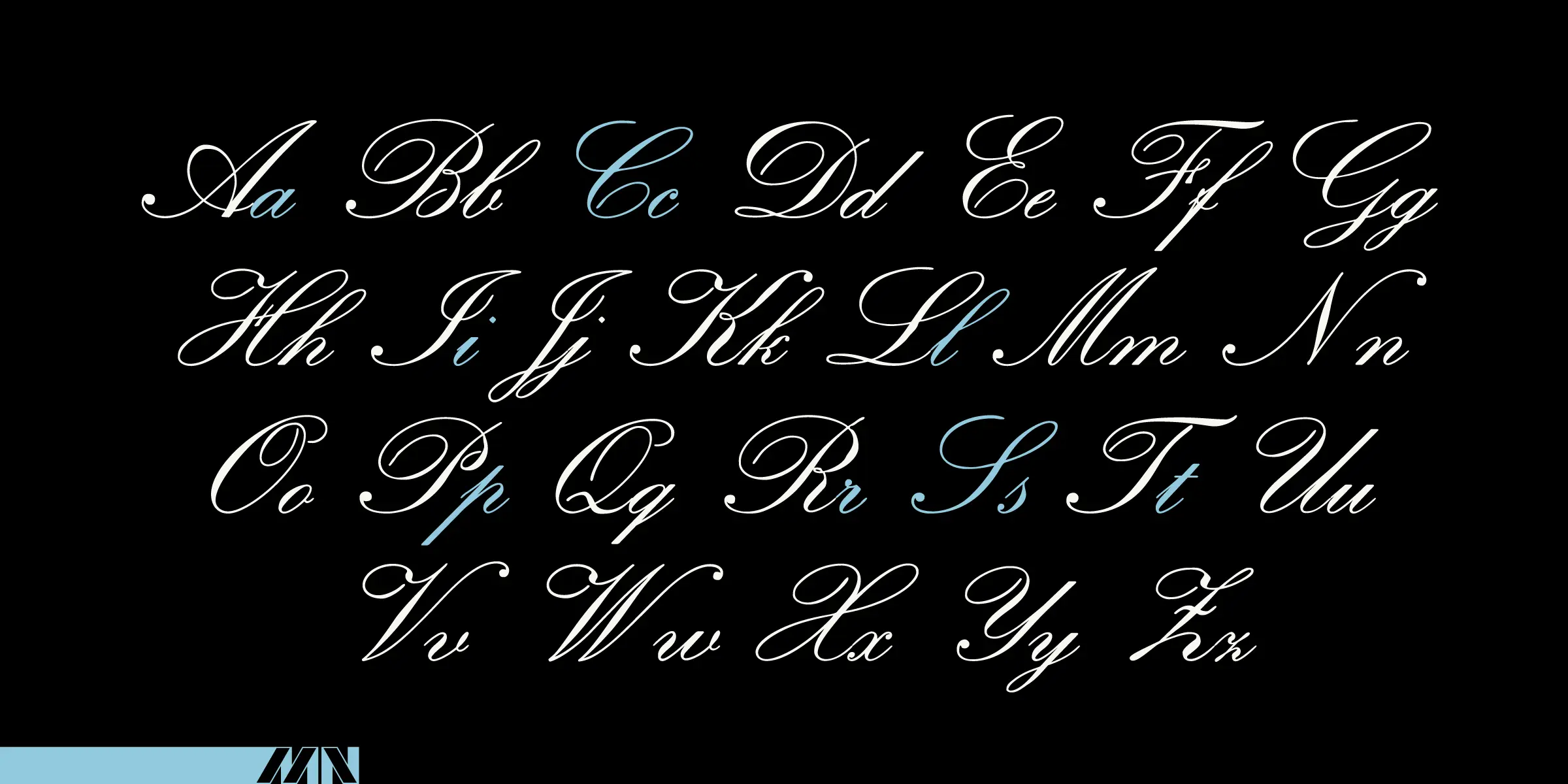 Classic Script font by Mecanorma Collection — the complete Latin alphabet in an upright connected script, with some letters in light blue and others in white