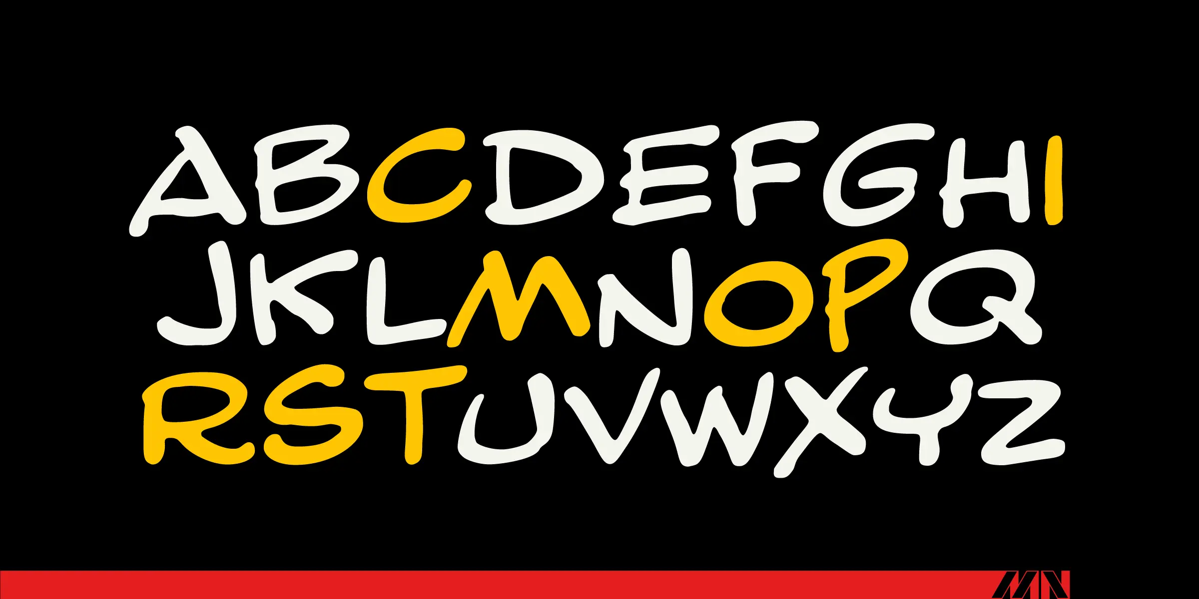 Comicstrip font by Mecanorma Collection — the letters A through Z in a casual, upright, sans-serif style, with some letters in yellow and others in white