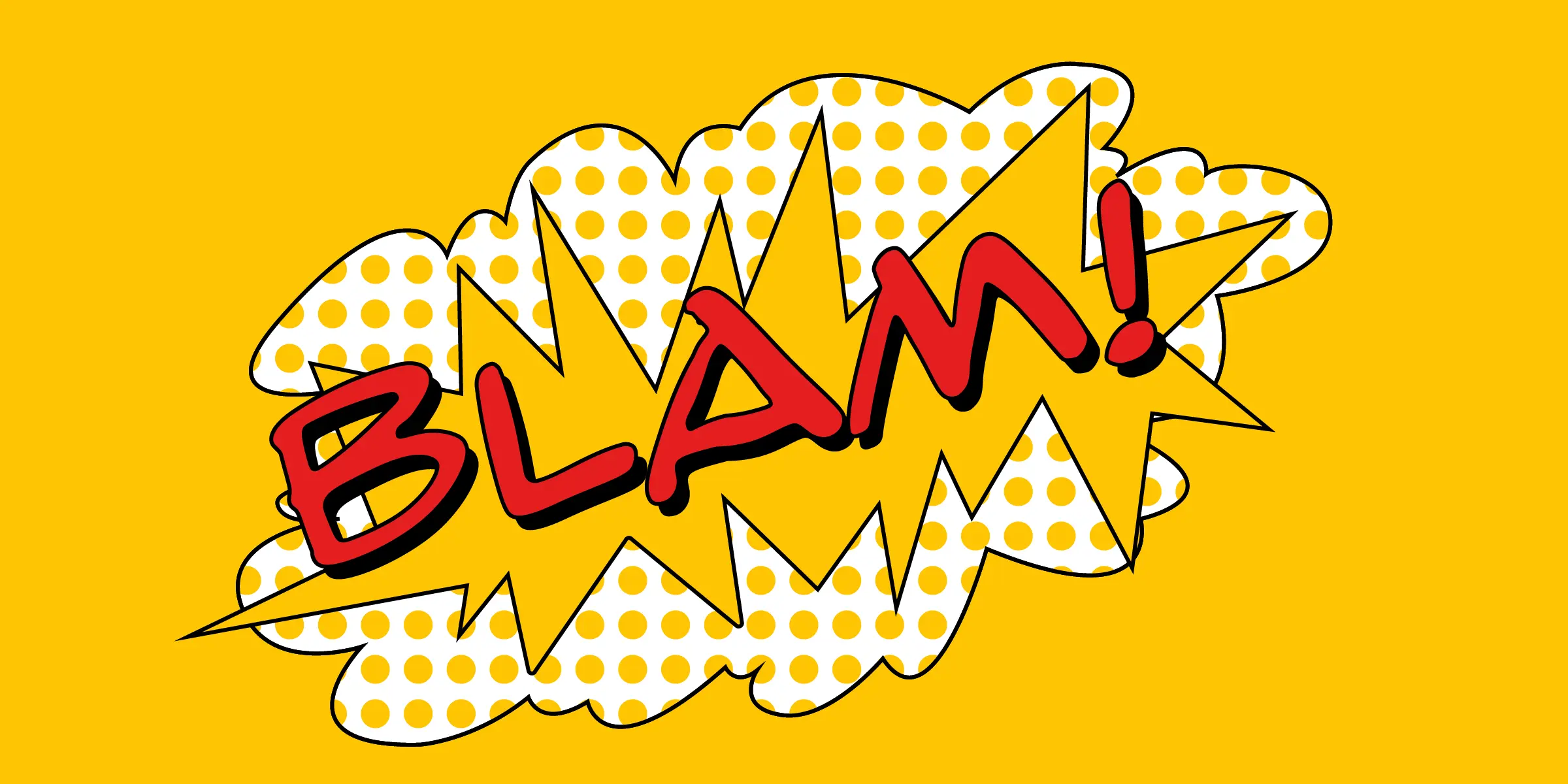 Comicstrip font by Mecanorma Collection — the word “BLAM!” in red, bold, comic-book-style letters with a black drop shadow, set against a yellow starburst and white cloud shapes with yellow polka dots