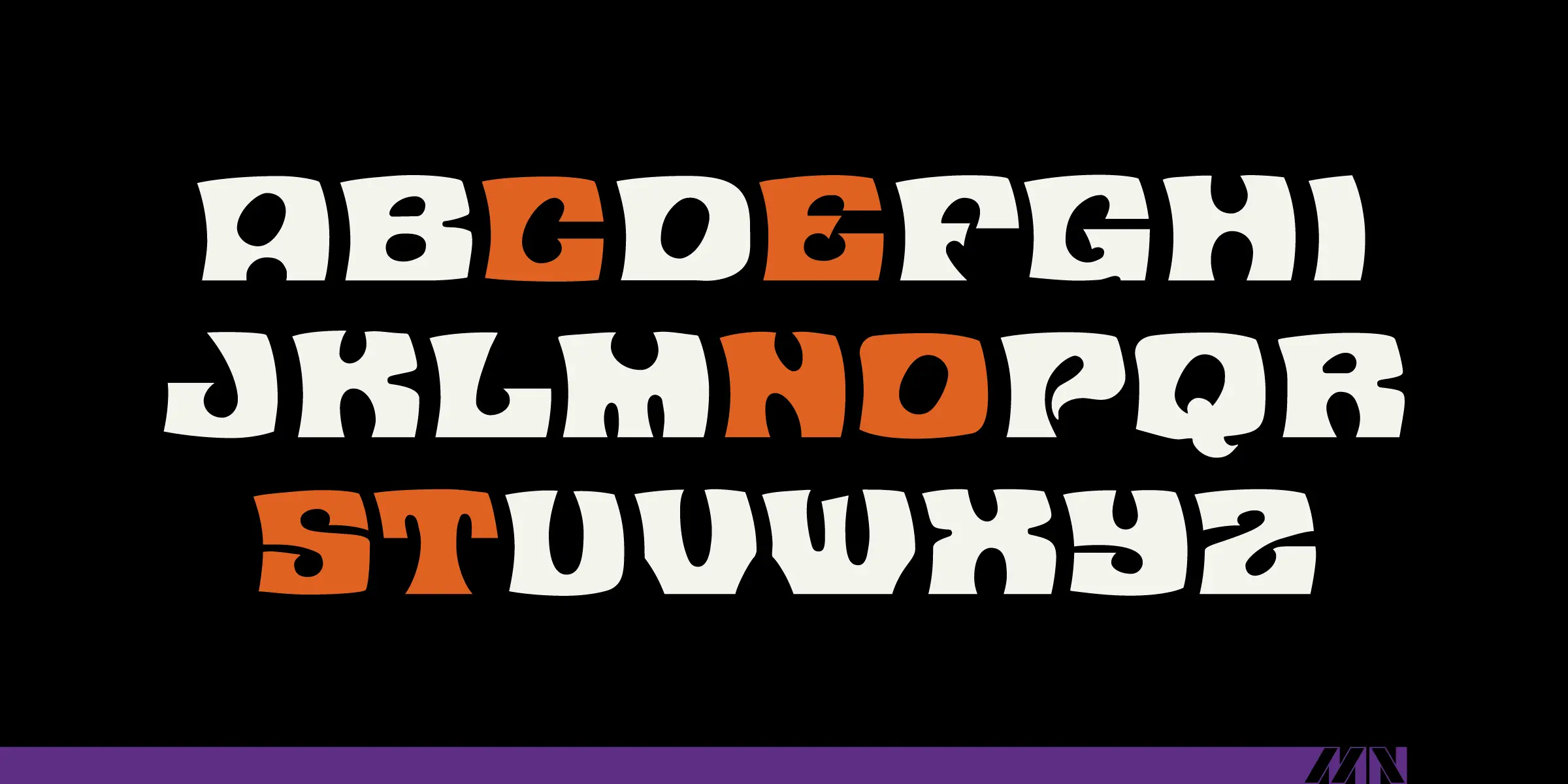 Contest font by Mecanorma Collection — the uppercase alphabet in a rounded, flared sans-serif, with alternating letters in white and orange.