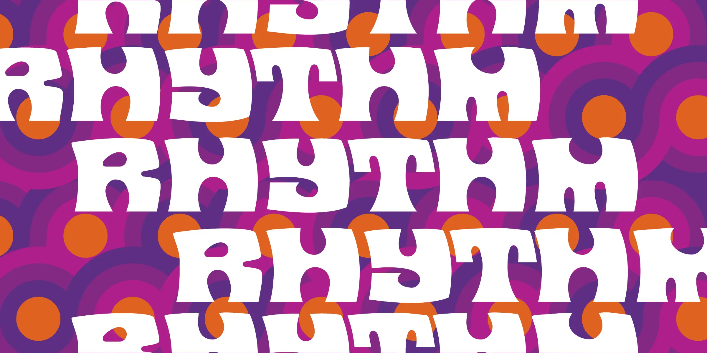 Contest font by Mecanorma Collection — the word “RHYTHM” repeated in white, chunky, sans-serif letters with rounded edges, against a background of concentric purple and orange circles