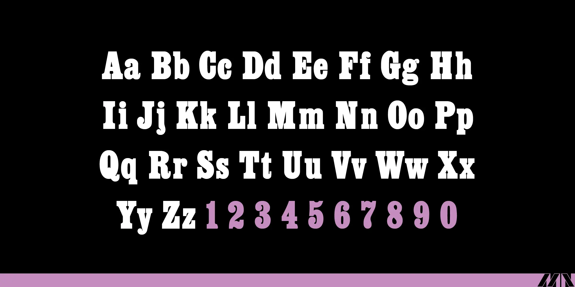 Egyptienne font by Mecanorma Collection — the upright serif alphabet in white, with numbers 1 through 0 in purple
