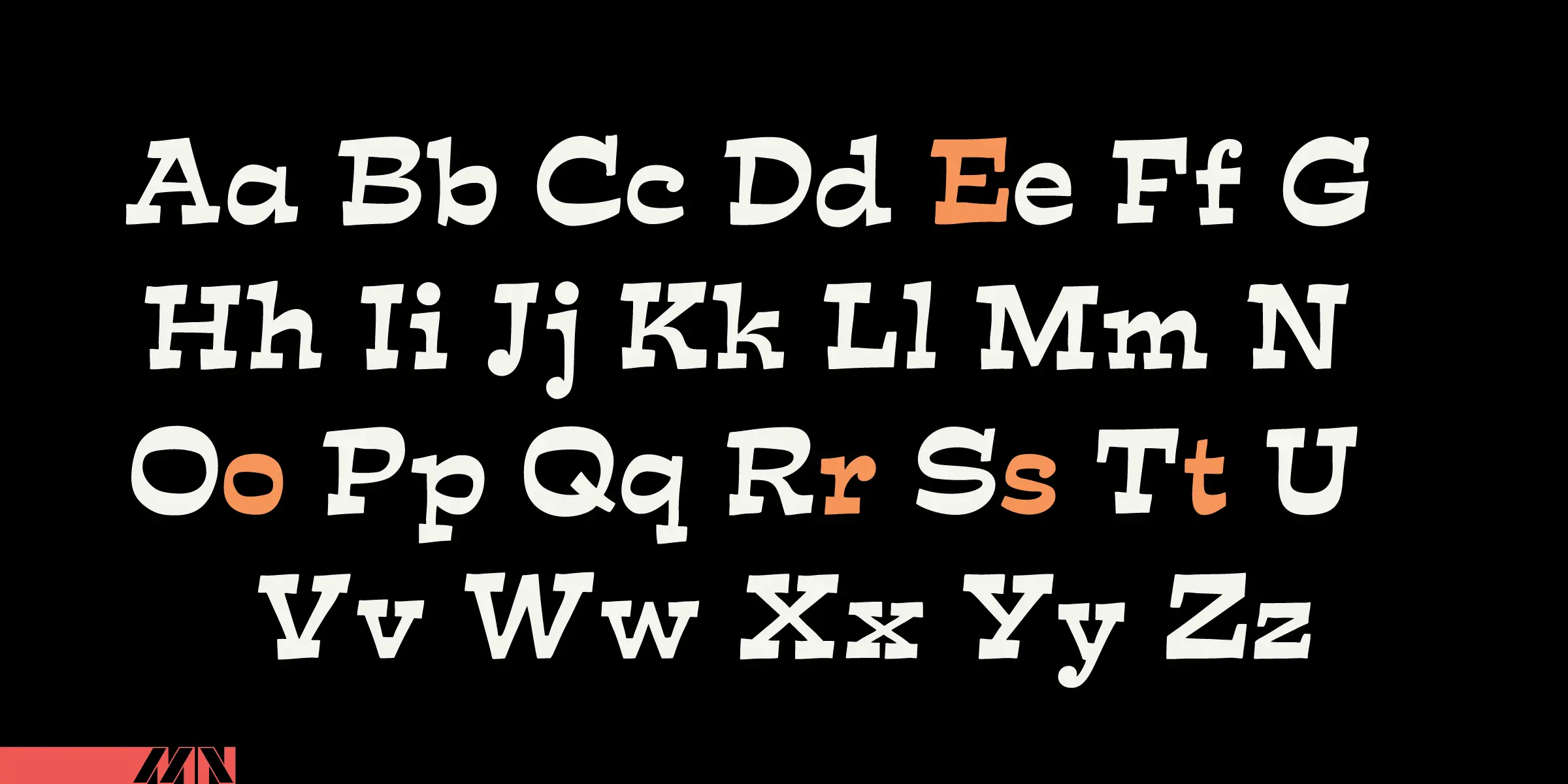 Estro font by Mecanorma Collection — the complete Latin alphabet in an oblique slab serif, with some letters highlighted in orange