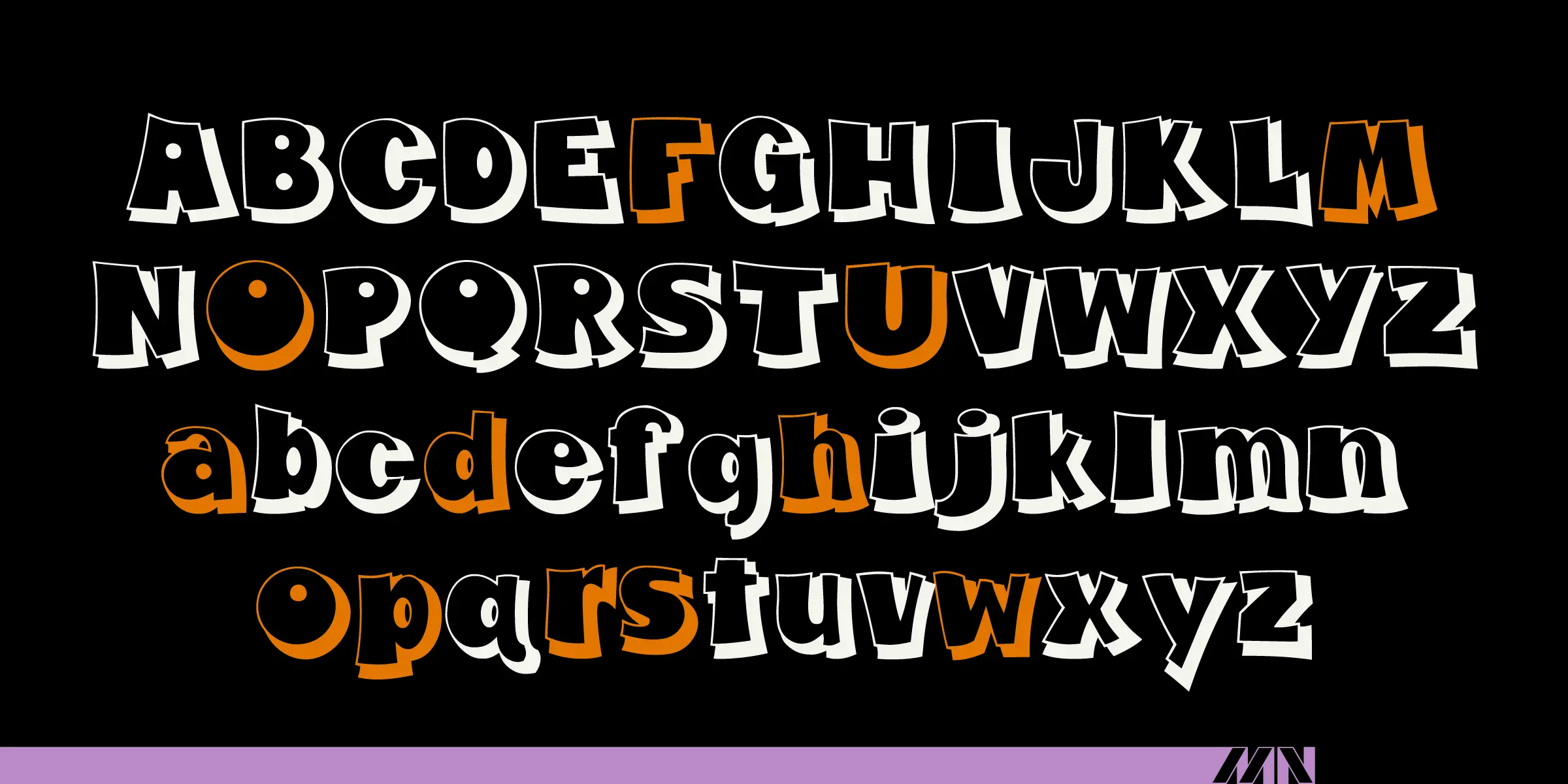 Fumo Dropshadow font by Mecanorma Collection — the complete Latin alphabet in uppercase and lowercase, with some letters in orange and others in black with a white outline, all with a playful, slightly tilted appearance