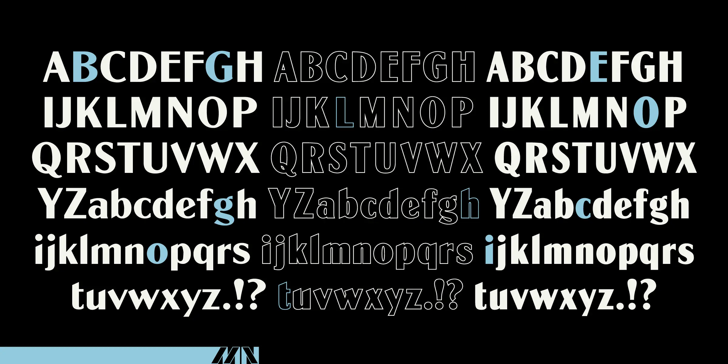 Globe Gothic font by Mecanorma Collection — three columns of serif letterforms, with the first column solid, the second outlined, and the third solid italic, each showing the alphabet in upright and italic forms, with some letters highlighted in blue.