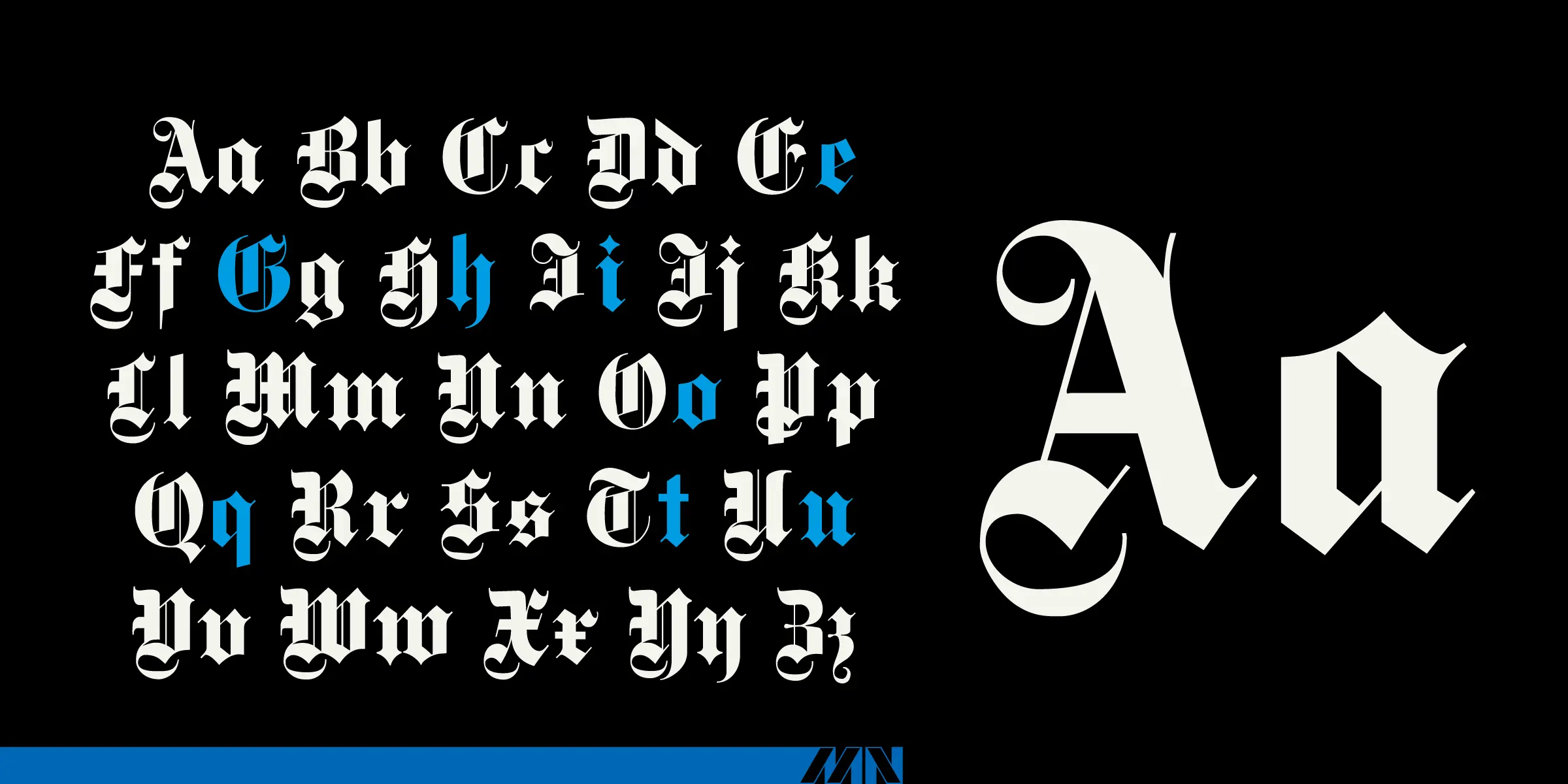 Gothique font by Mecanorma Collection — a blackletter alphabet in white and blue, with a large white uppercase A and lowercase u to the right