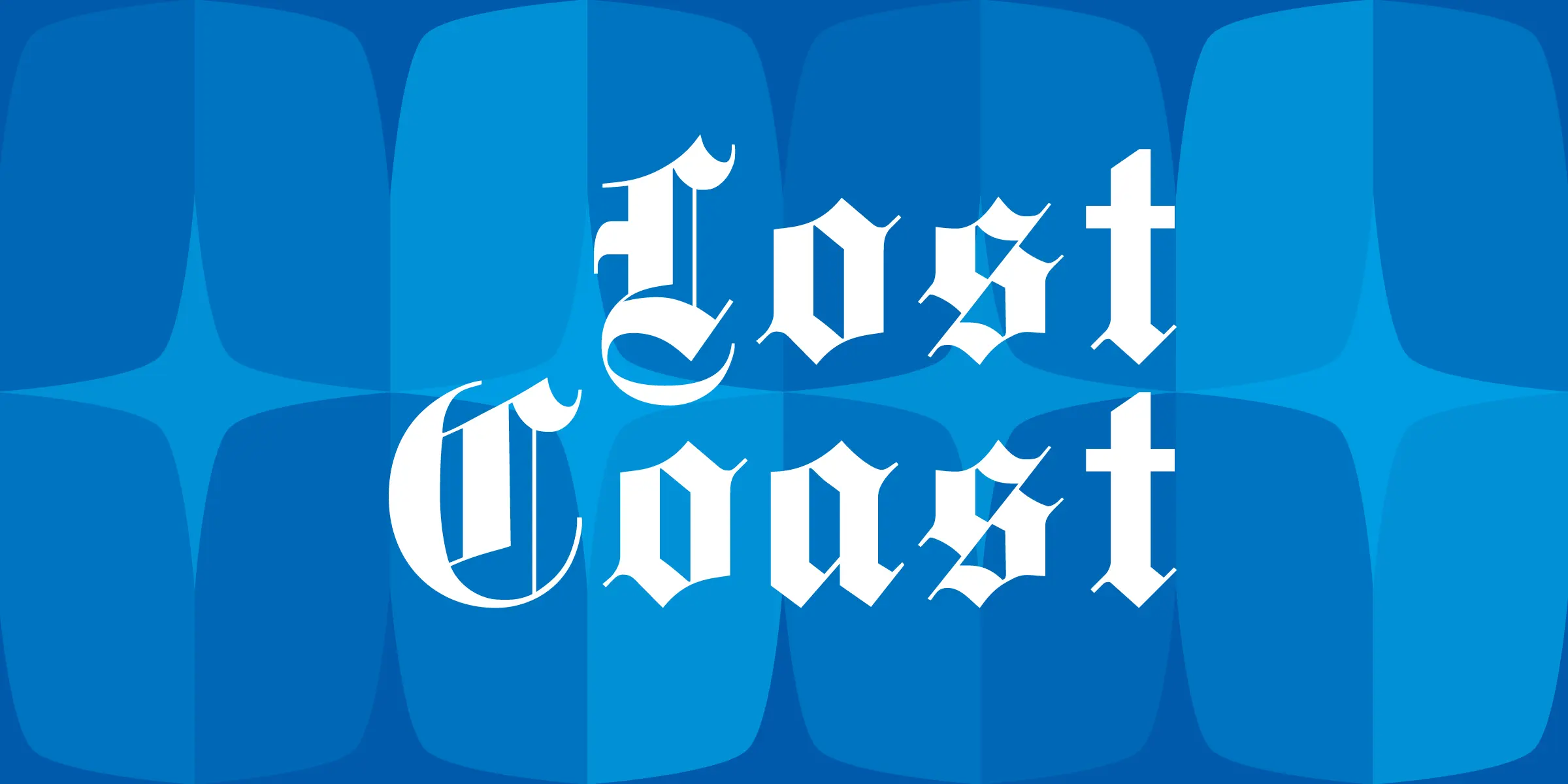 Gothique font by Mecanorma Collection — the words “Lost Coast” in white Fraktur-style letters on a blue background with a pattern of lighter blue shapes.