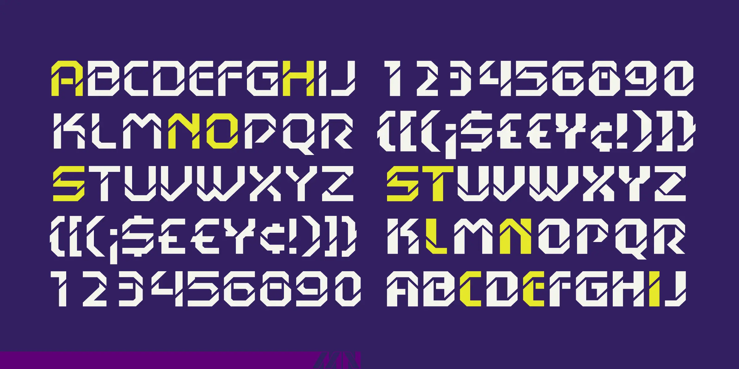 Hansson Stencil font by Mecanorma Collection — a grid of white and yellow geometric sans-serif uppercase letters, numbers, and symbols
