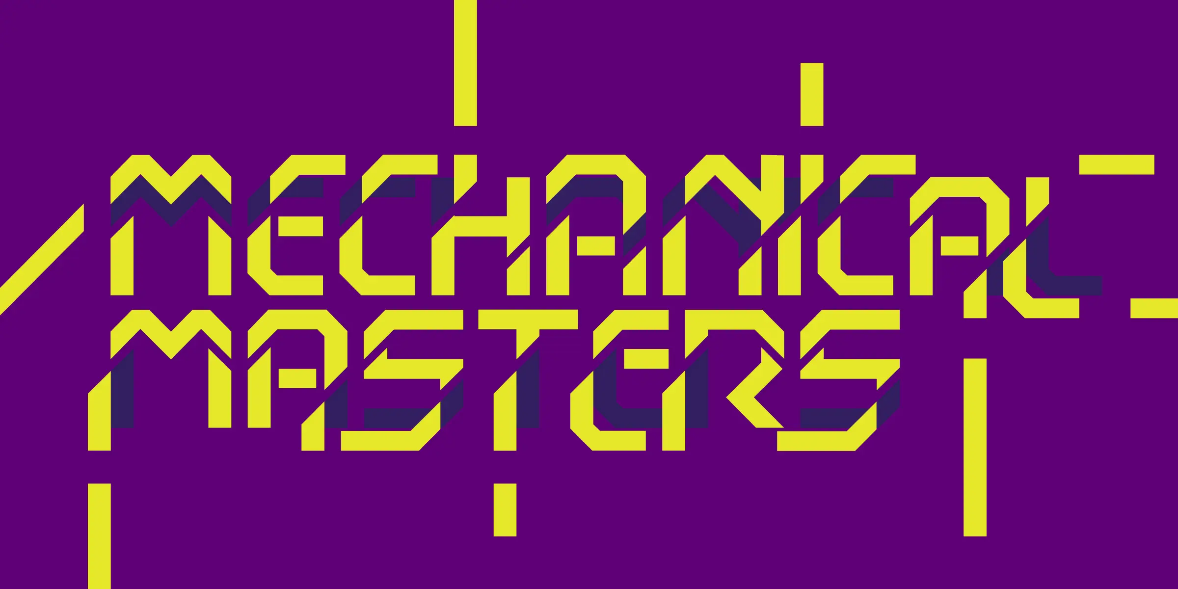 Hansson Stencil font by Mecanorma Collection — the words “MECHANICAL MASTERS” in a yellow, blocky, geometric sans-serif with a dark purple shadow effect, surrounded by yellow geometric lines