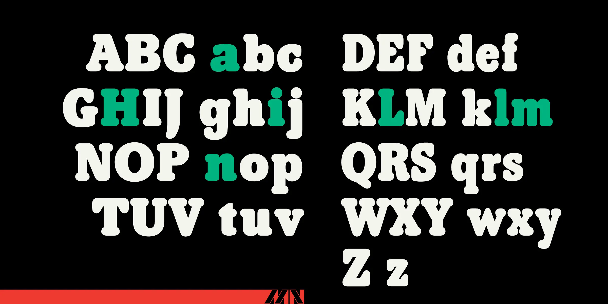 Hillman font by Mecanorma Collection — the upright letters A through Z in both uppercase and lowercase, with some letters highlighted in green, in a rounded sans-serif style