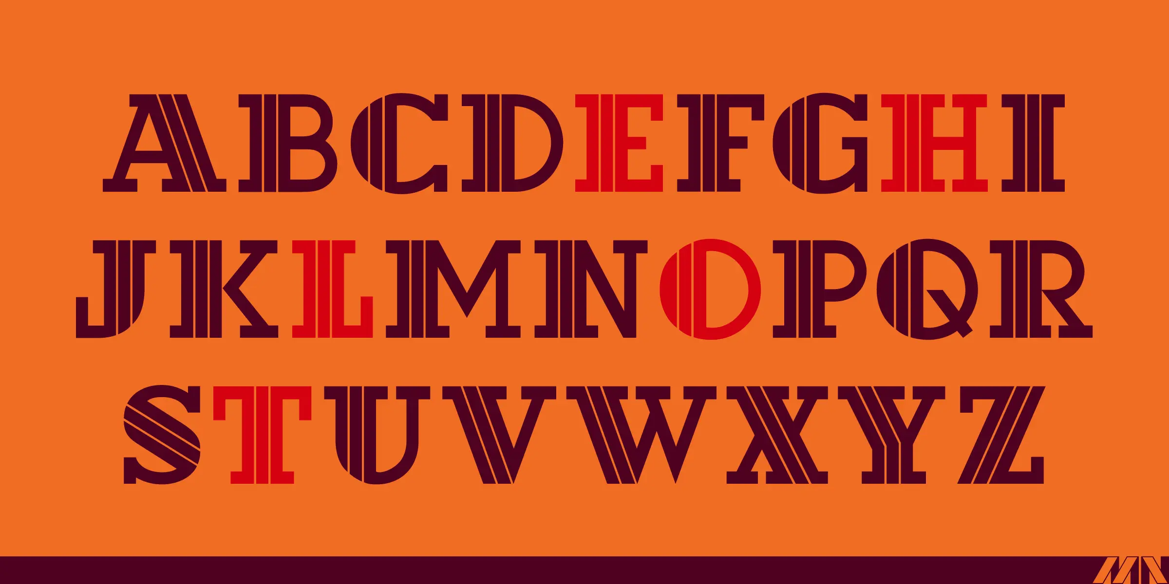 Hotel font by Mecanorma Collection — the uppercase alphabet in a sans-serif style with some letters featuring multiple vertical strokes, and some letters in red while others are in dark purple