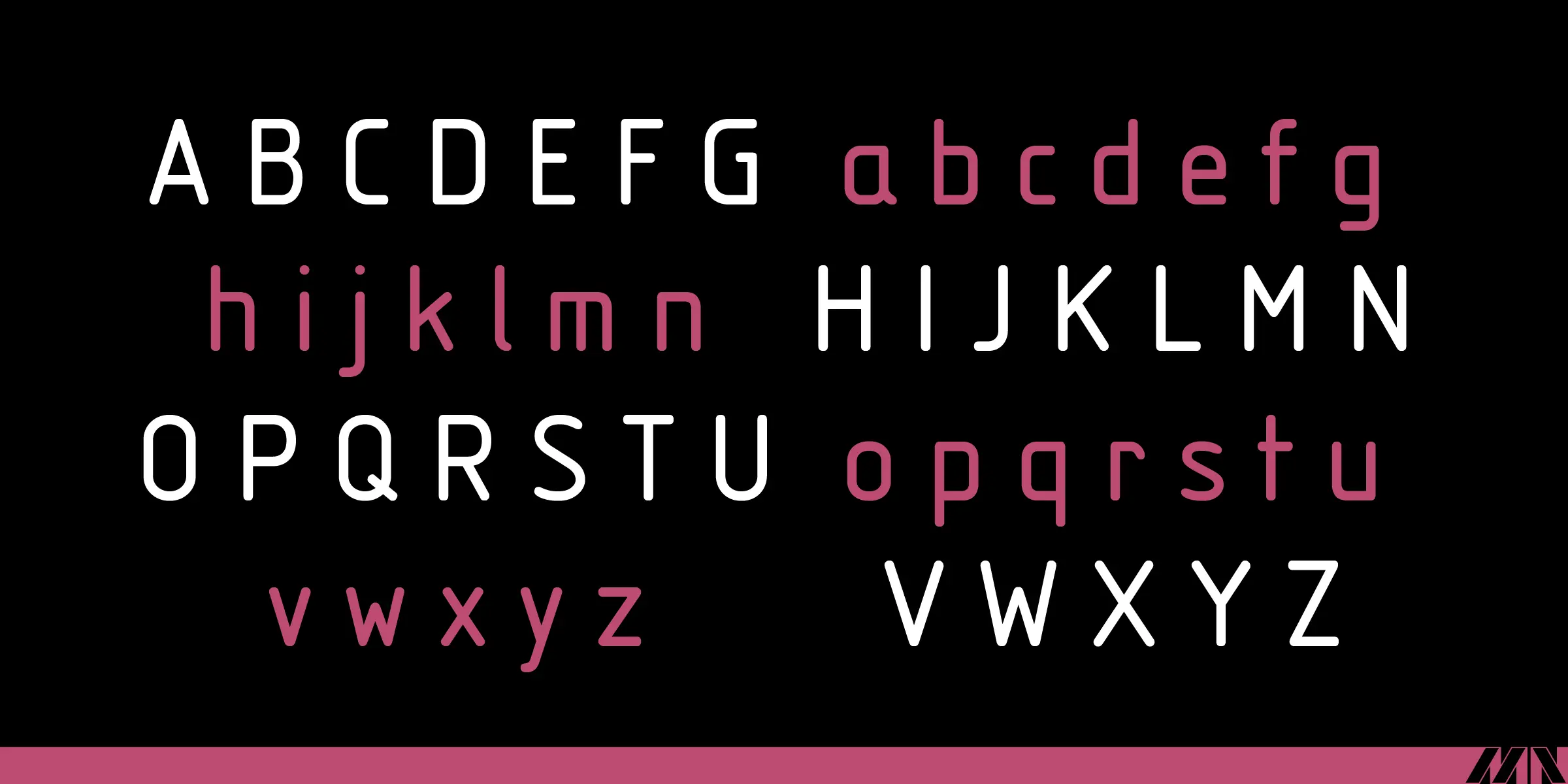 Isonorm font by Mecanorma Collection — the upright sans-serif alphabet in white uppercase and pink lowercase, with a pink bar at the bottom right corner showing a stylized M and N logo