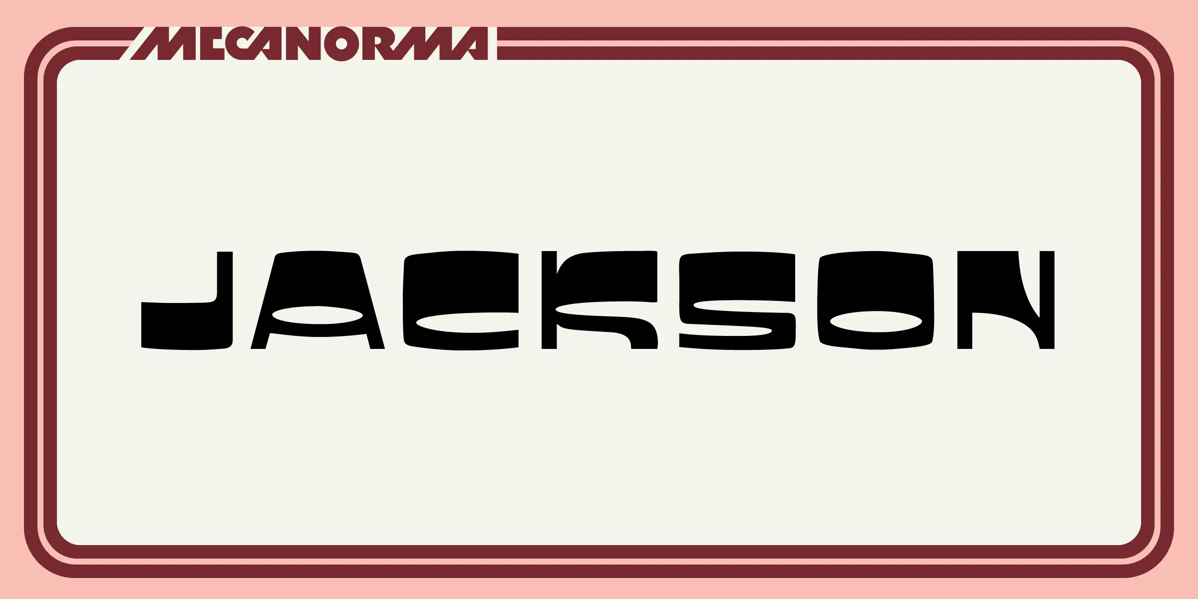 Jackson font by Mecanorma Collection — the word “JACKSON” in a heavy, rounded sans-serif with a high-contrast, almost stencil-like appearance, and above it the word “MECANORMA” in a condensed, italic sans-serif with horizontal lines extending from the right.