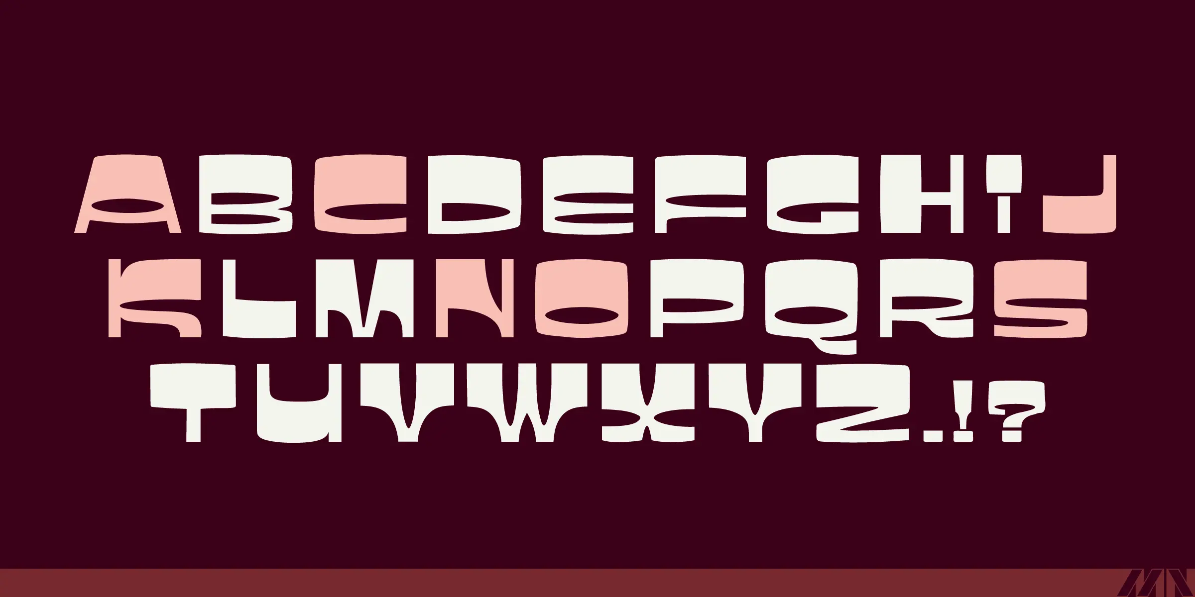 Jackson font by Mecanorma Collection — the uppercase alphabet, a period, an exclamation mark, and a question mark in a rounded, sans-serif, display typeface with some letters in light pink and others in off-white