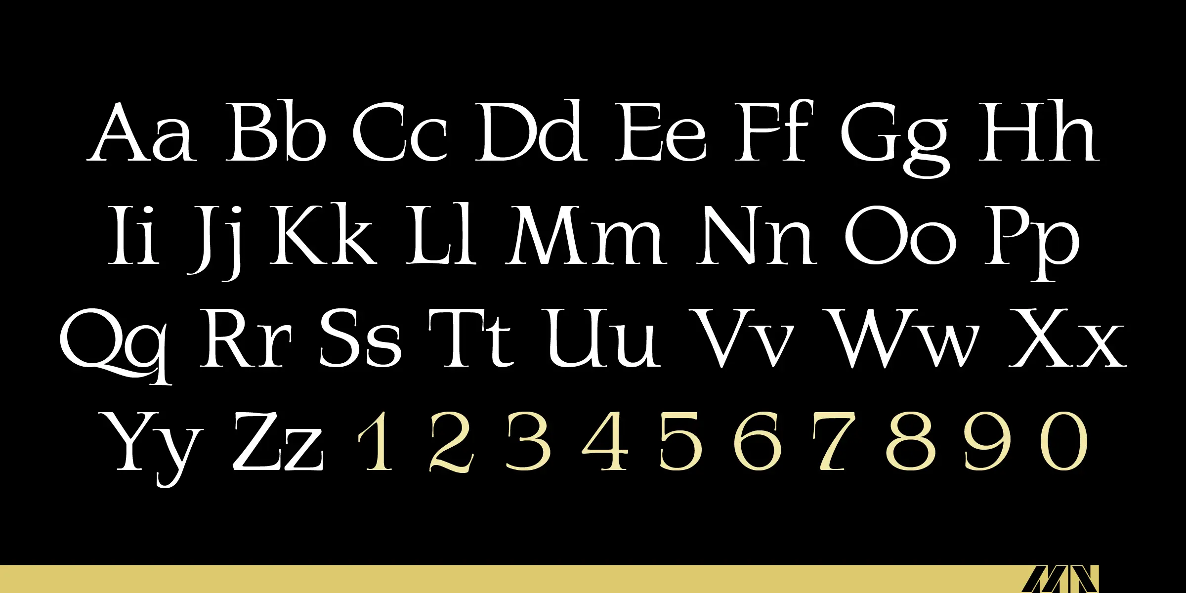 Latina font by Mecanorma Collection — the upright serif alphabet in white, with numbers 1 through 0 in gold