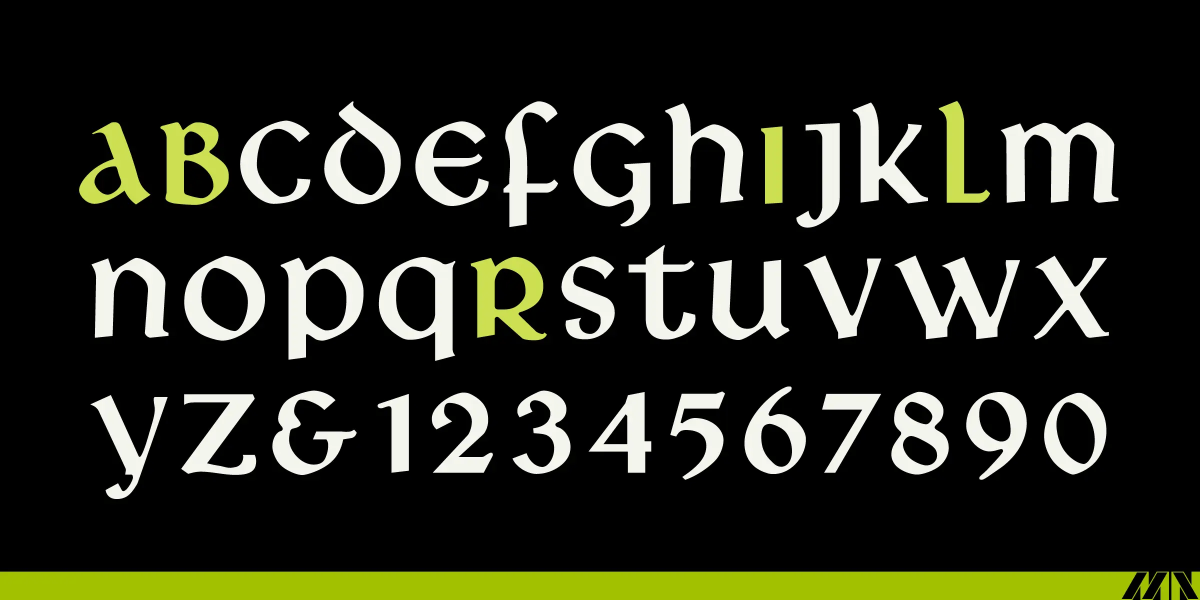 Libra font by Mecanorma Collection — the lowercase alphabet, ampersand, and numerals 1–0 in a serif typeface, with letters a, b, c, i, l, and r highlighted in light green.