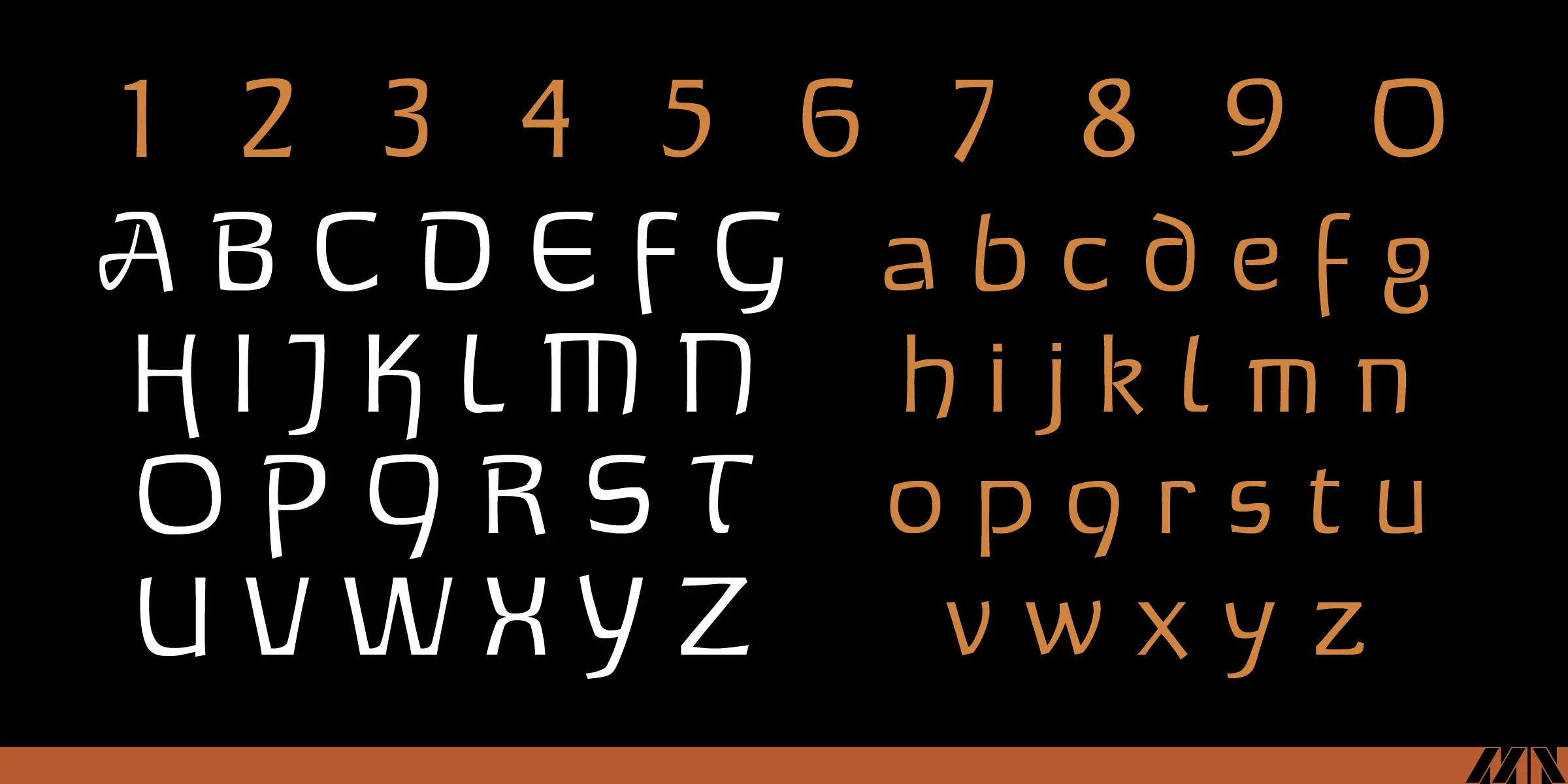 Michelina font by Mecanorma Collection — the numbers 1 through 0 in orange, followed by uppercase letters A through Z in white, and lowercase letters a through z in orange, all in a sans-serif style with varying stroke widths