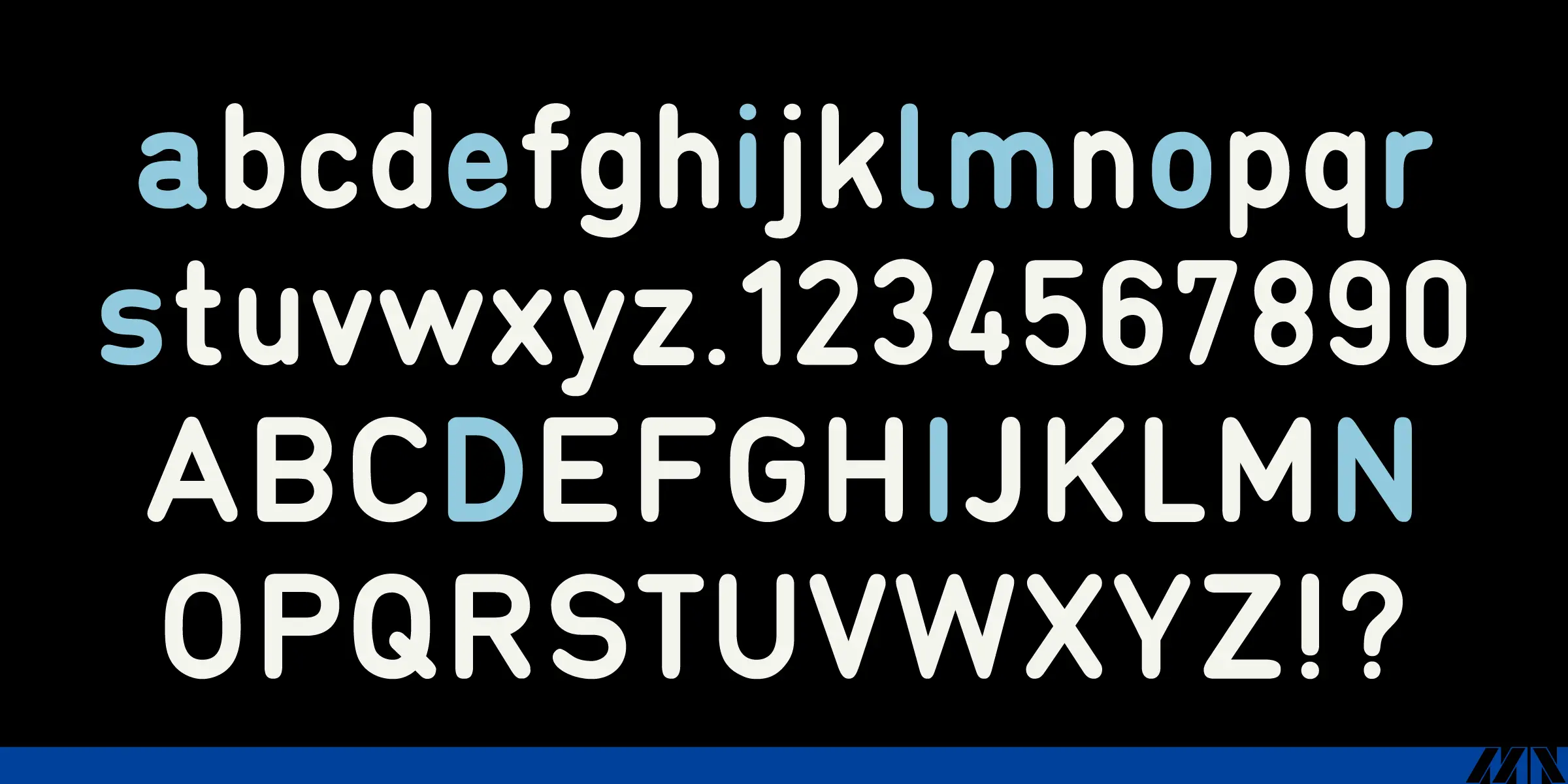 Normalise Din font by Mecanorma Collection — the complete lowercase and uppercase alphabet, numbers 0-9, and punctuation, with some letters in light blue and others in off-white