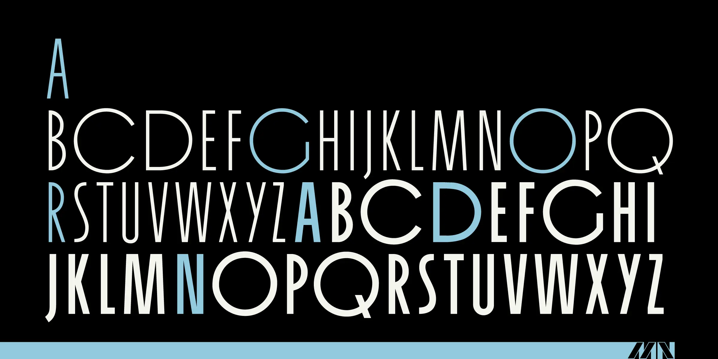 Organda font by Mecanorma Collection — three rows of upright sans-serif capital letters, some in light blue and some in white, with a light blue bar at the bottom