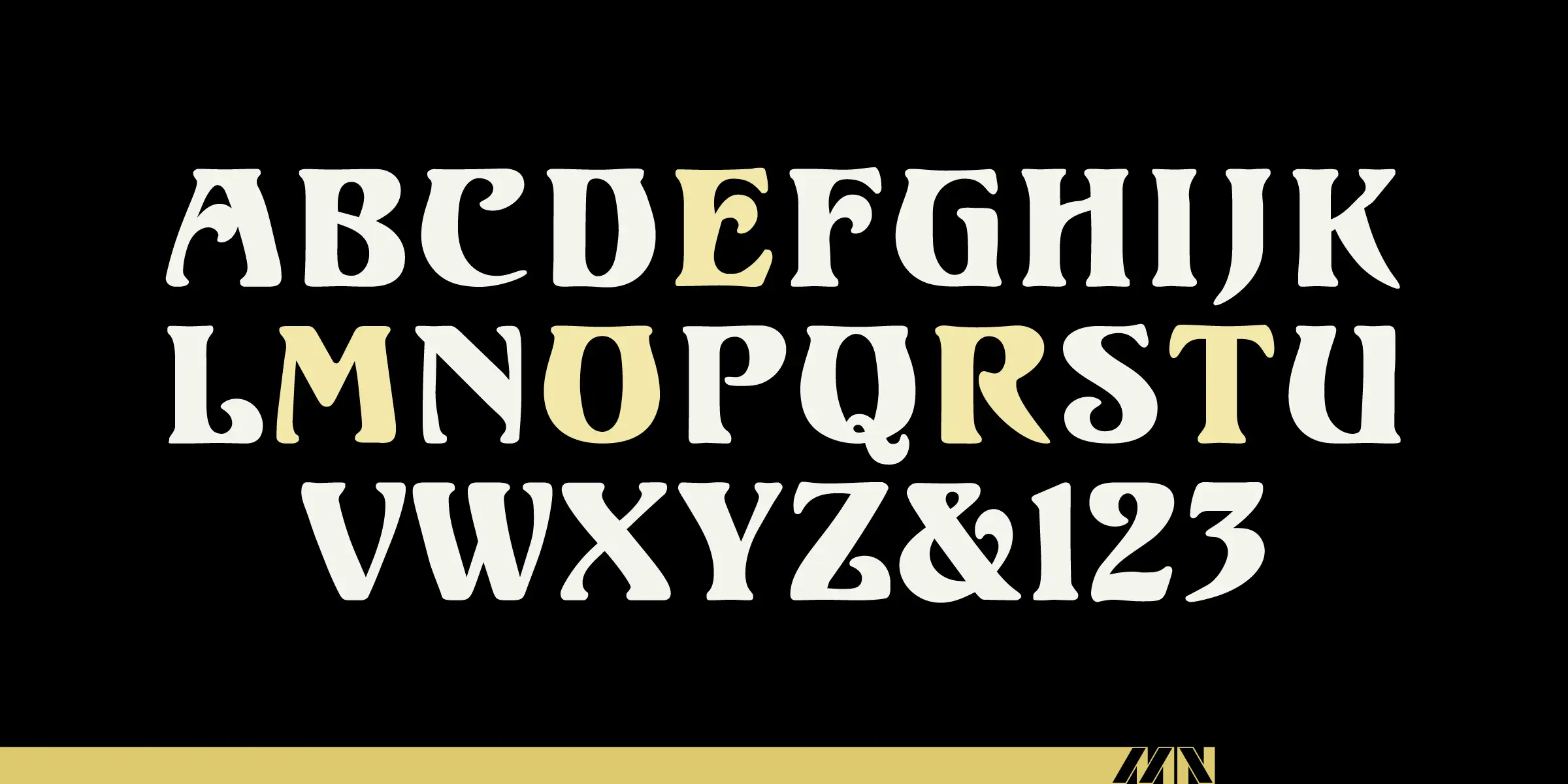 Ortem font by Mecanorma Collection — the letters A through Z, an ampersand, and the numbers 1, 2, and 3, with some letters in yellow and others in cream, all with a flared serif style