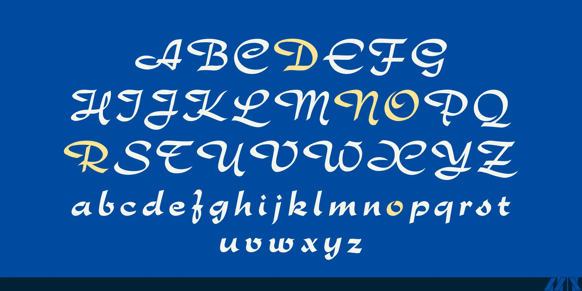 Rondo font by Mecanorma Collection — the complete Latin alphabet in an italic script, with uppercase letters D, N, O, and R highlighted in yellow