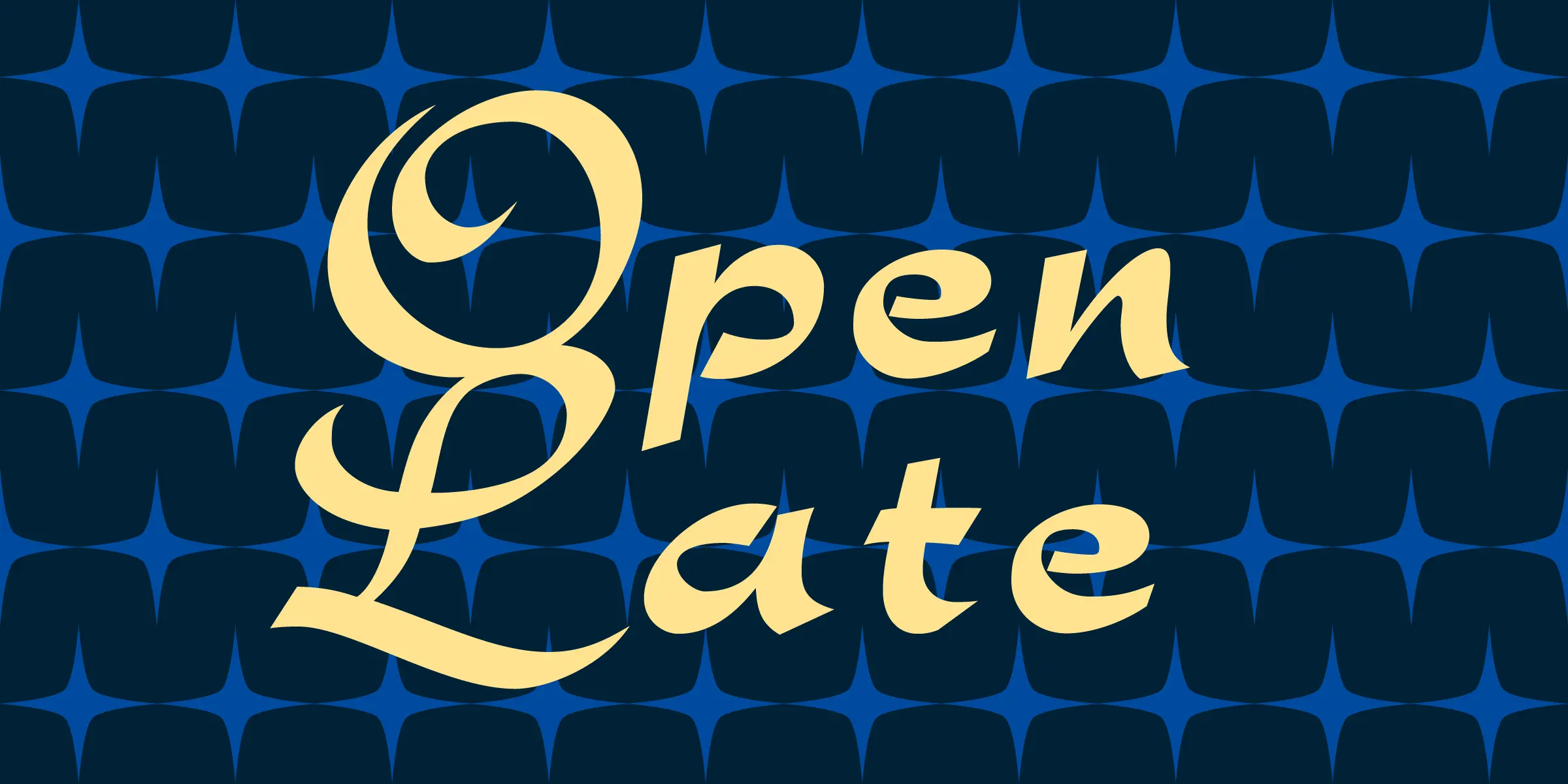 Rondo font by Mecanorma Collection — the words “Open Late” in a connected script, with a dark blue background patterned with lighter blue starbursts