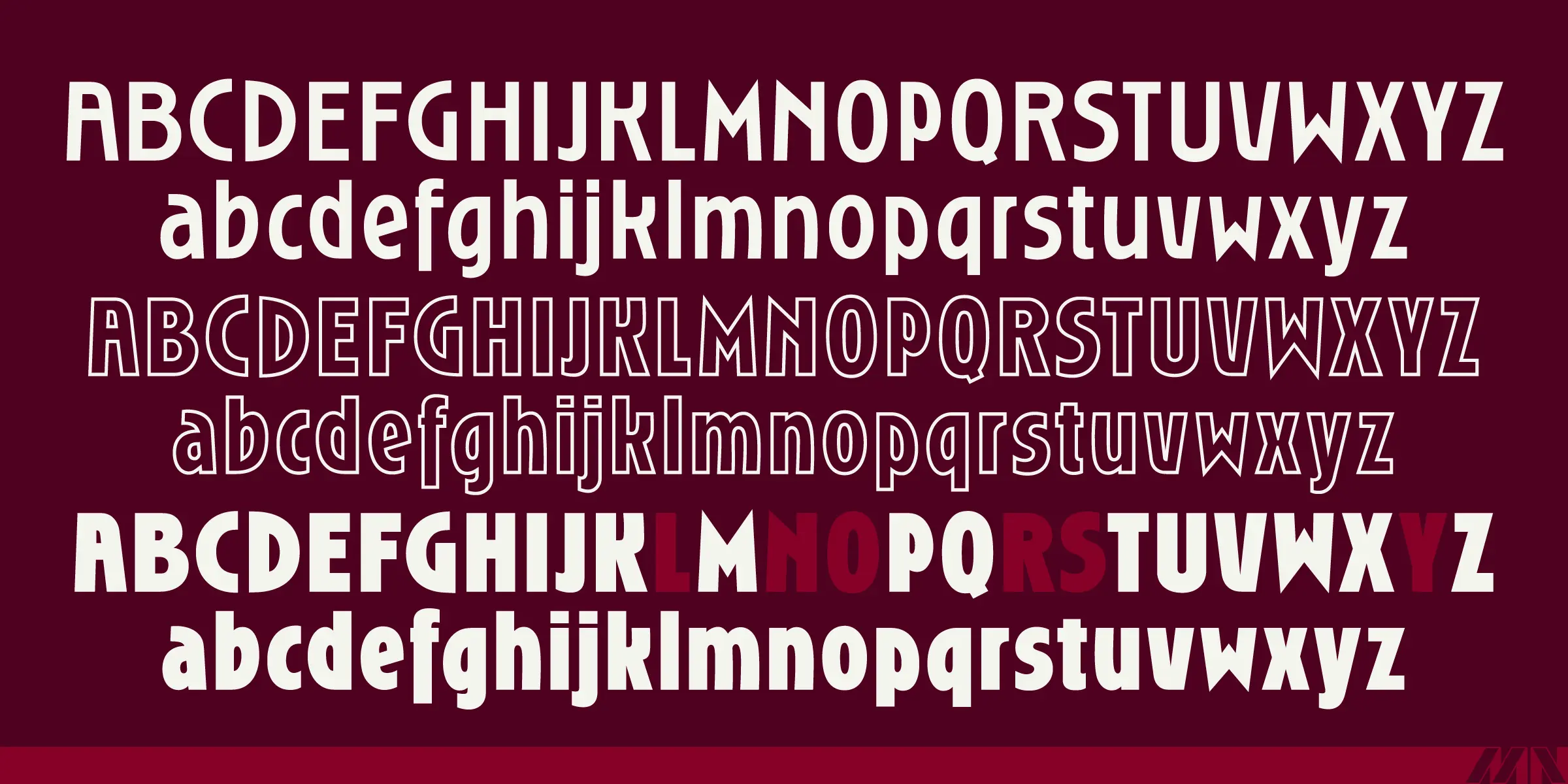 Roslyn font by Mecanorma Collection — three rows of sans-serif uppercase and lowercase alphabets, with the first and third rows in solid letters and the second row in outline letters, and some letters in the third row highlighted in red