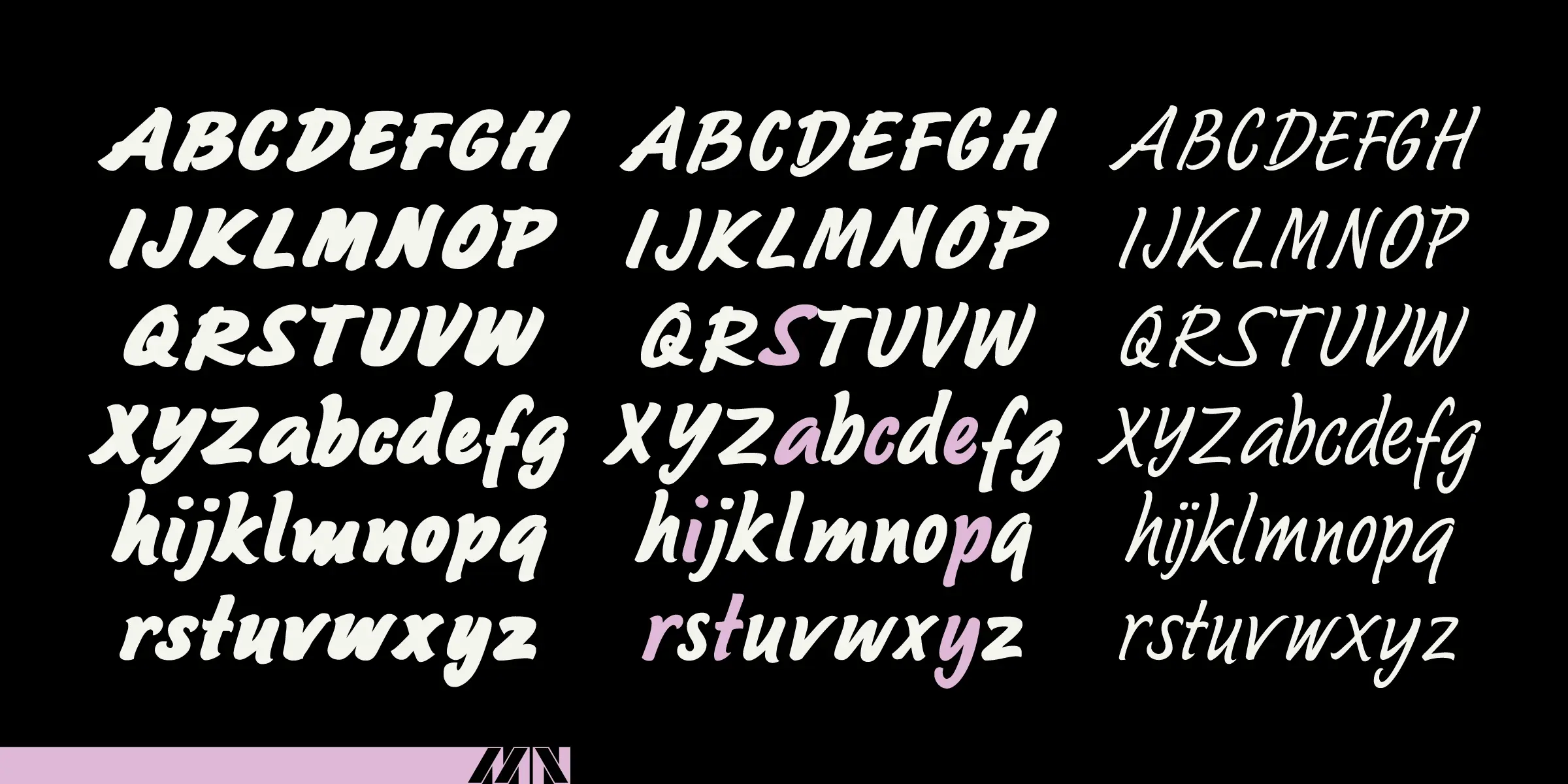 Sayer Script font by Mecanorma Collection — three columns of italic script letterforms, with some letters in the middle column highlighted in pink