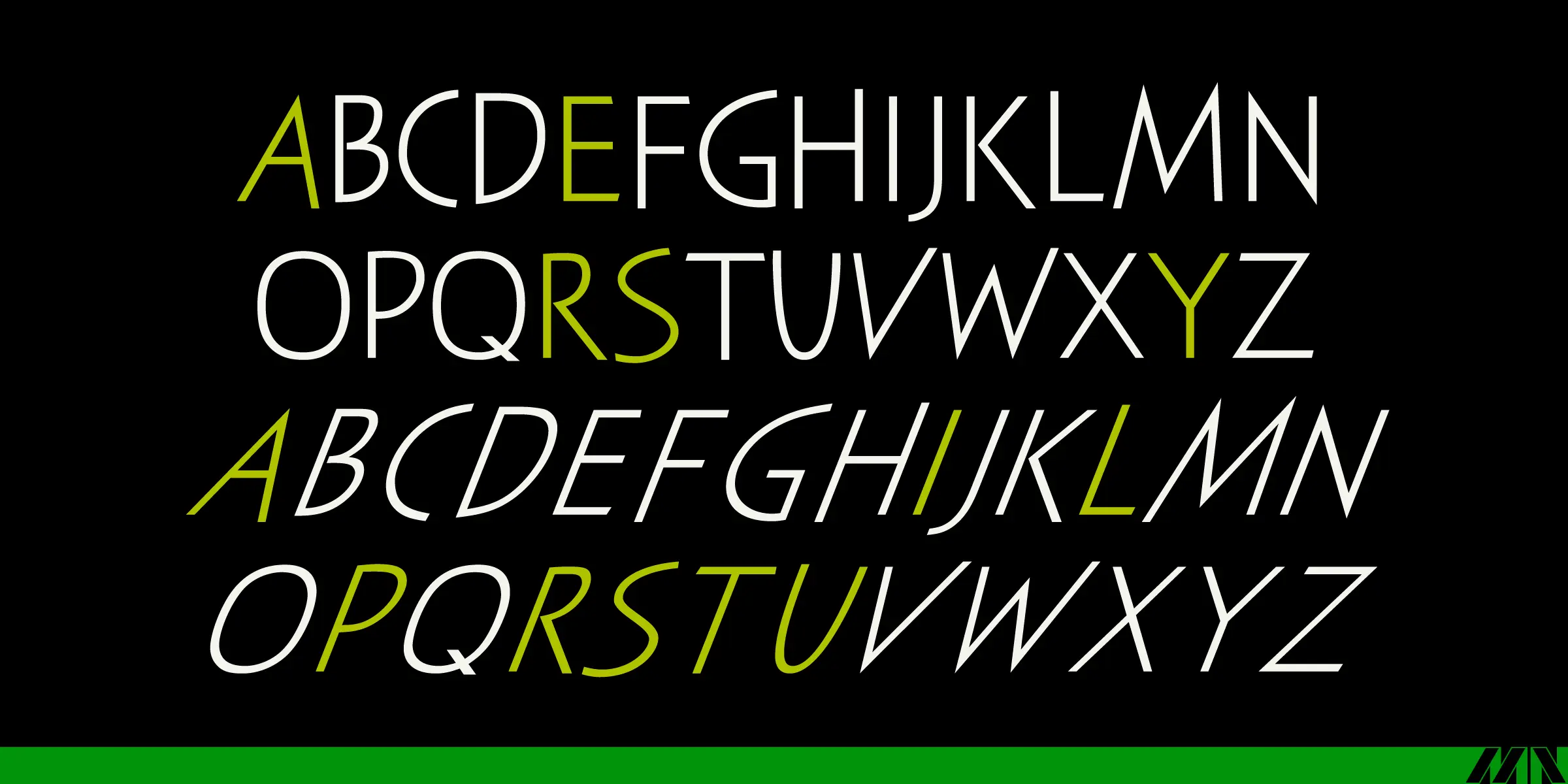 Sayer Spiritual font by Mecanorma Collection — the upright and italic sans-serif Latin alphabet in white, with some letters in lime green, on a black background with a green bar at the bottom
